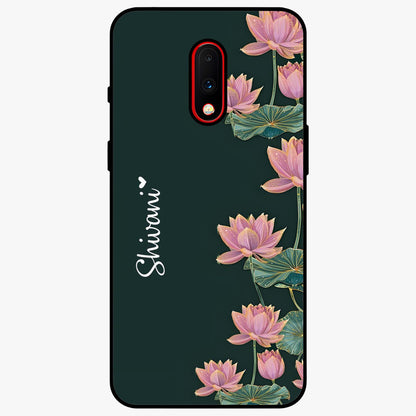 Lotus Bloom Serenity Custom Name Glass Case showing flat back view with elegant lotus flower artwork and personalized name design.
