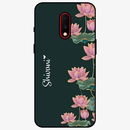 Lotus Bloom Serenity Custom Name Glass Case showing flat back view with elegant lotus flower artwork and personalized name design.