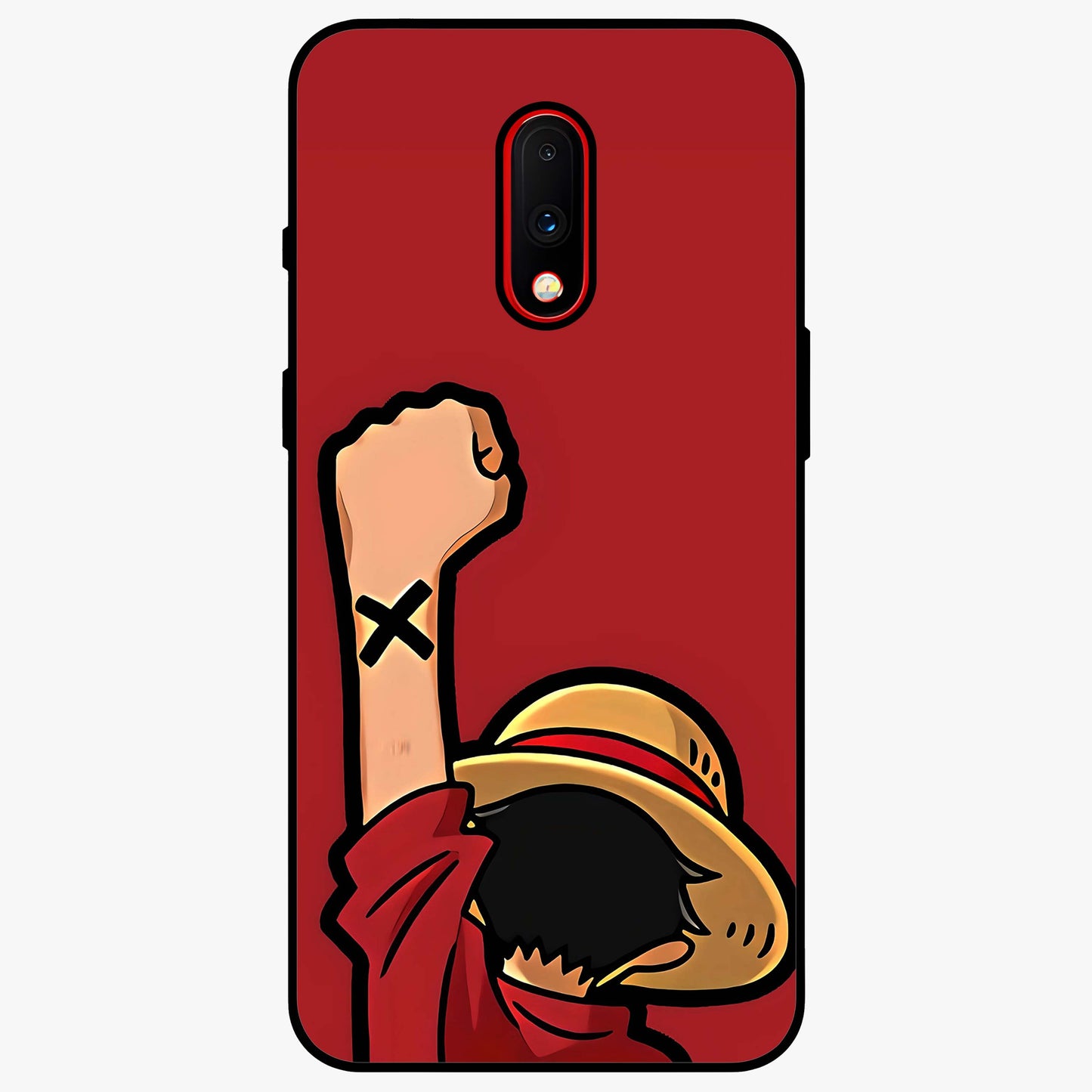 Luffy X Spirit Glass Case showing flat back view with bold anime character artwork and glossy glass finish.