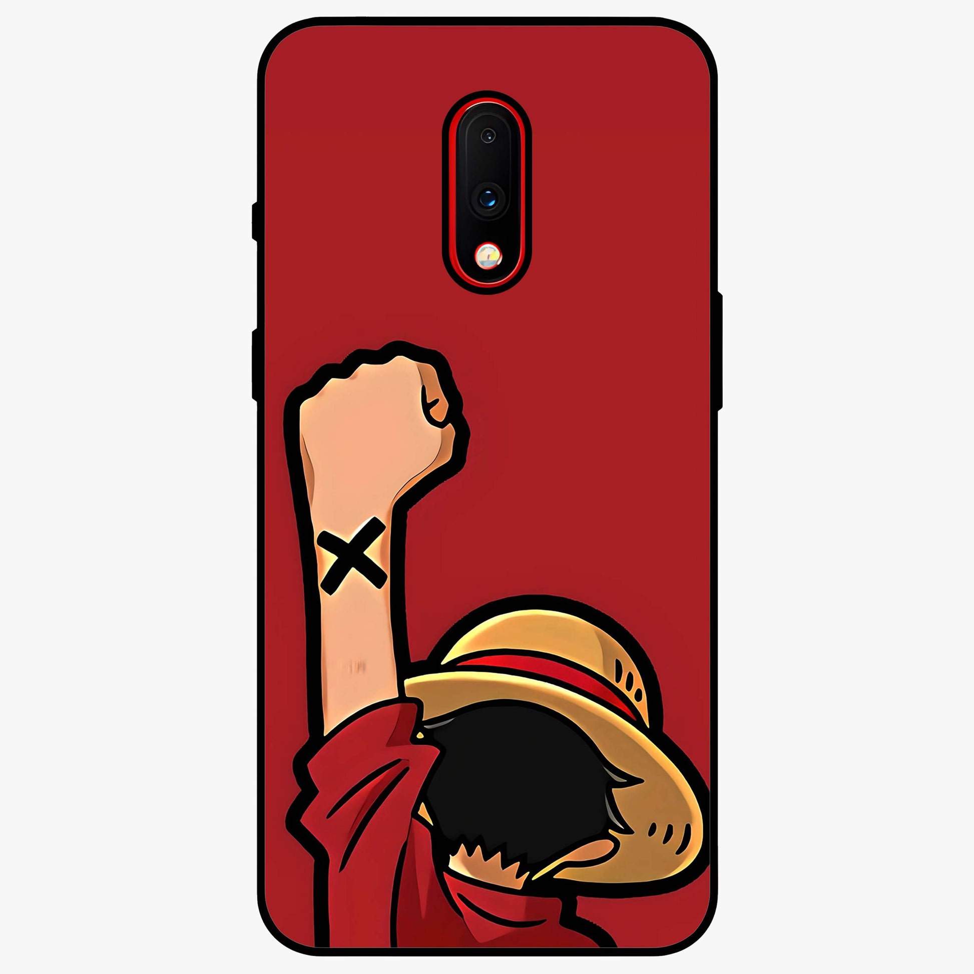 Luffy X Spirit Glass Case showing flat back view with bold anime character artwork and glossy glass finish.