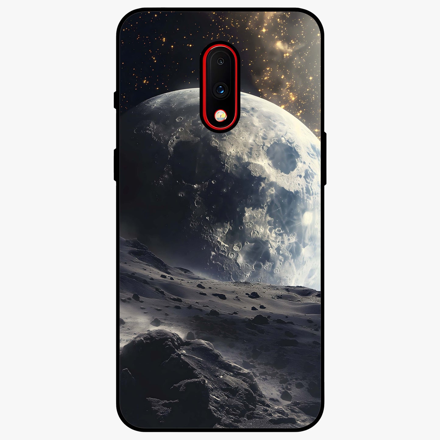 Lunar Horizon Glow Glass Case showing flat back view with glowing moon horizon artwork and glossy glass finish.