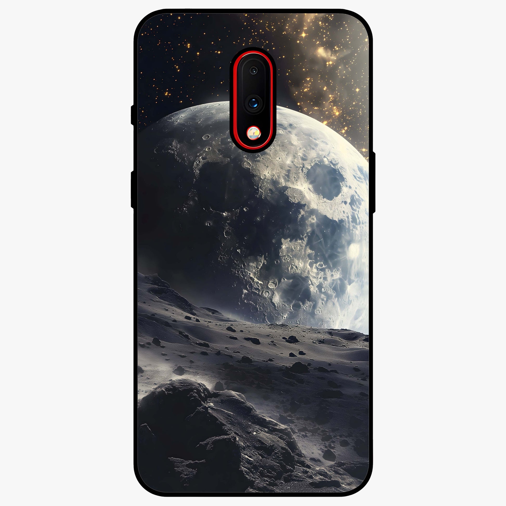 Lunar Horizon Glow Glass Case showing flat back view with glowing moon horizon artwork and glossy glass finish.