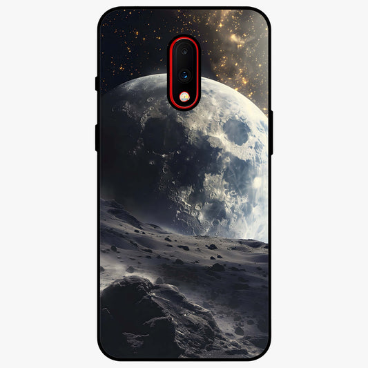 Lunar Horizon Glow Glass Case showing flat back view with glowing moon horizon artwork and glossy glass finish.