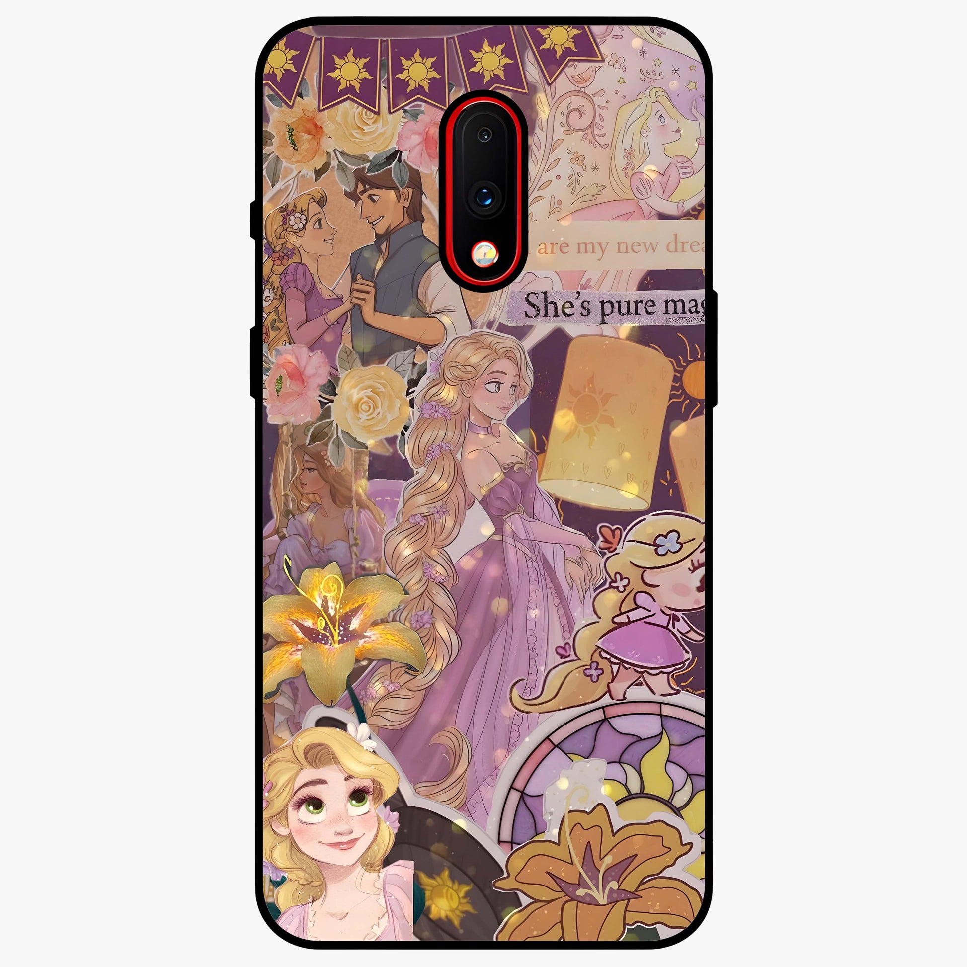 Magical Tangled Dream Glass Case showing flat back view with dreamy tangled artwork and glossy glass finish.