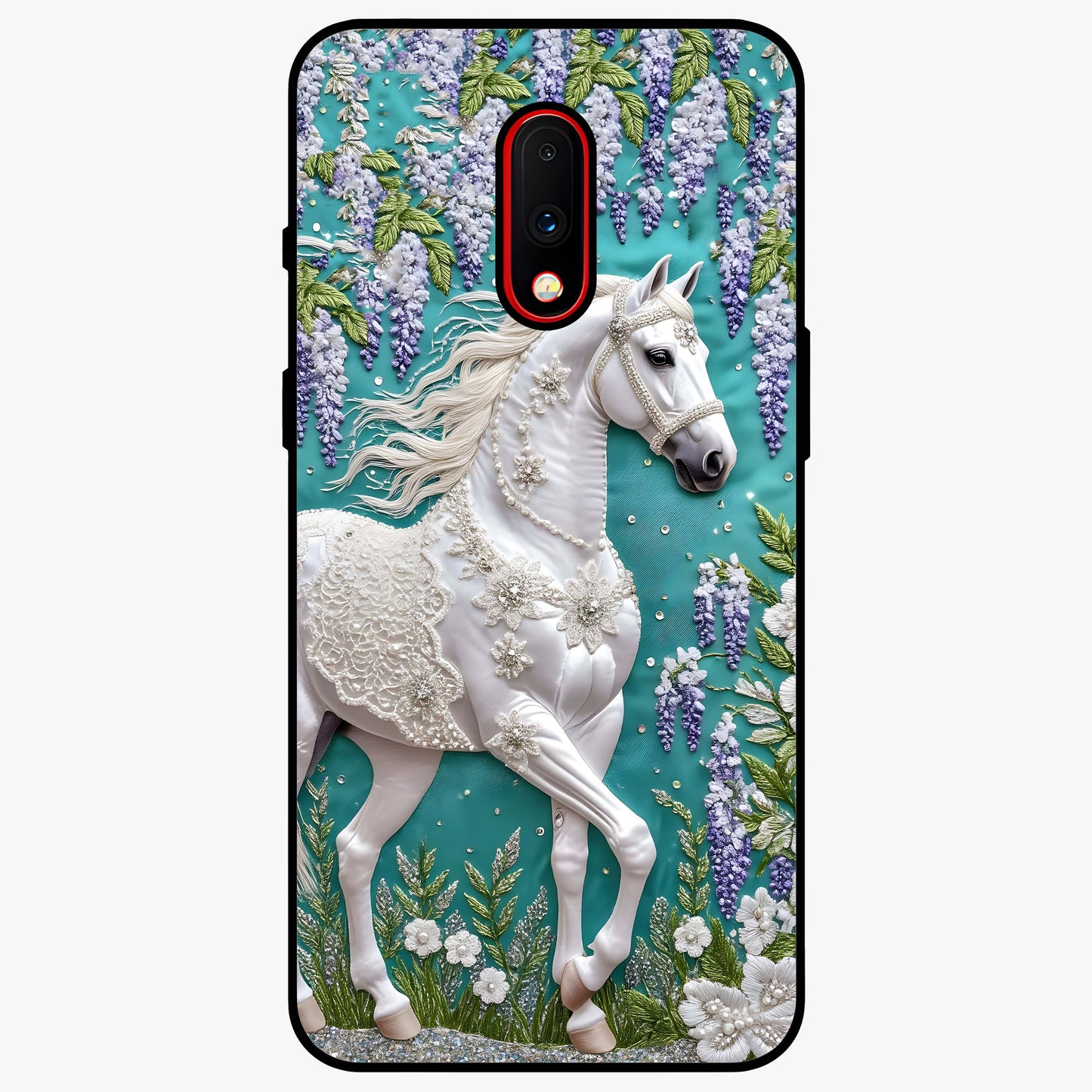 Majestic Floral Stallion Glass Case showing flat back view with powerful horse and floral artwork and glossy glass finish.