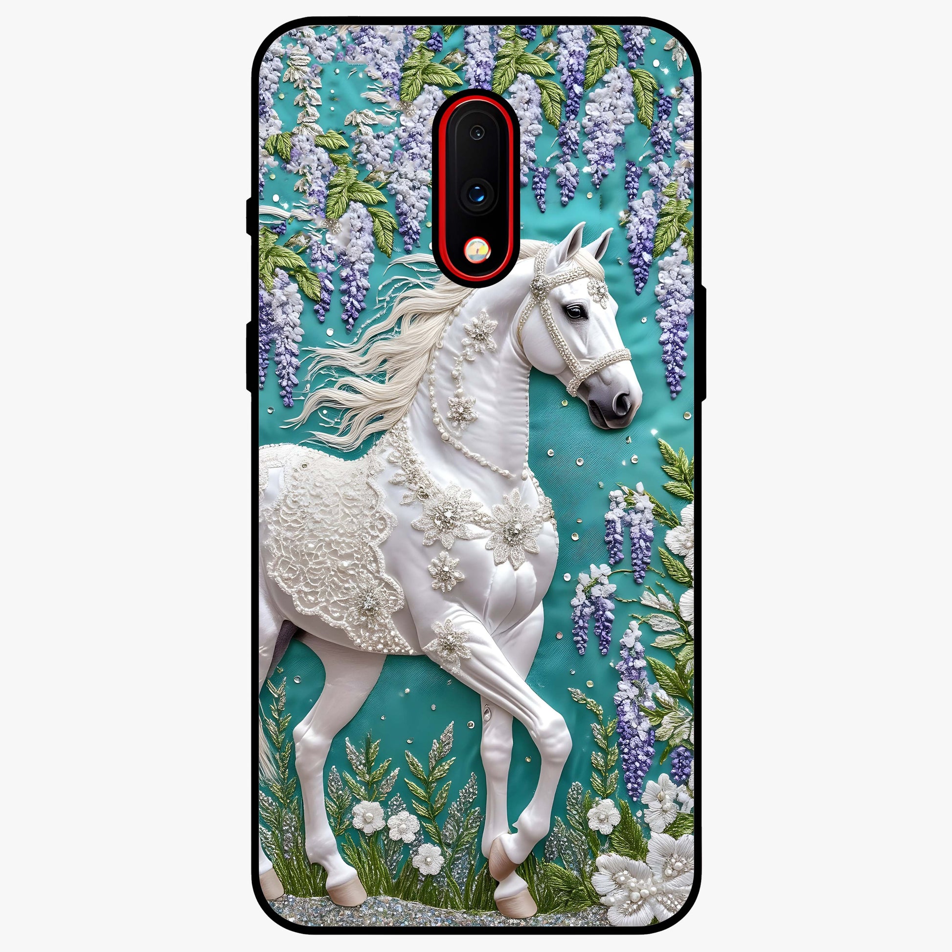 Majestic Floral Stallion Glass Case showing flat back view with powerful horse and floral artwork and glossy glass finish.