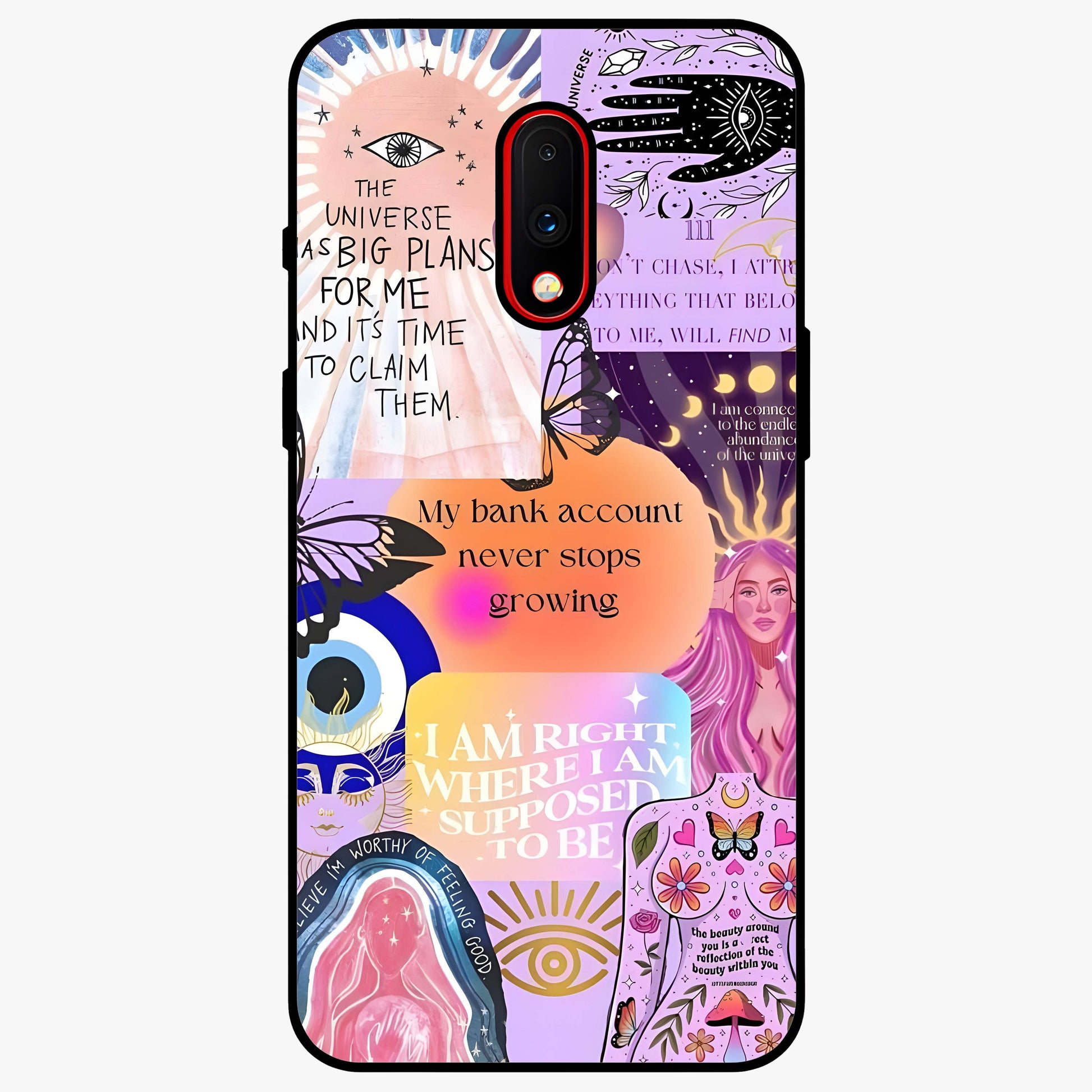 Manifestation Collage Glass Case showing flat back view with motivational collage artwork and glossy glass finish.
