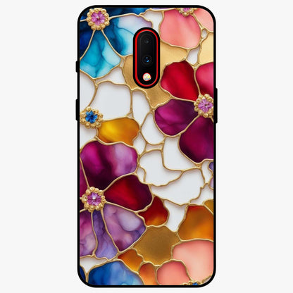 Marble Flower Pattern Glass Case showing flat back view with marble texture floral artwork and glossy glass finish.