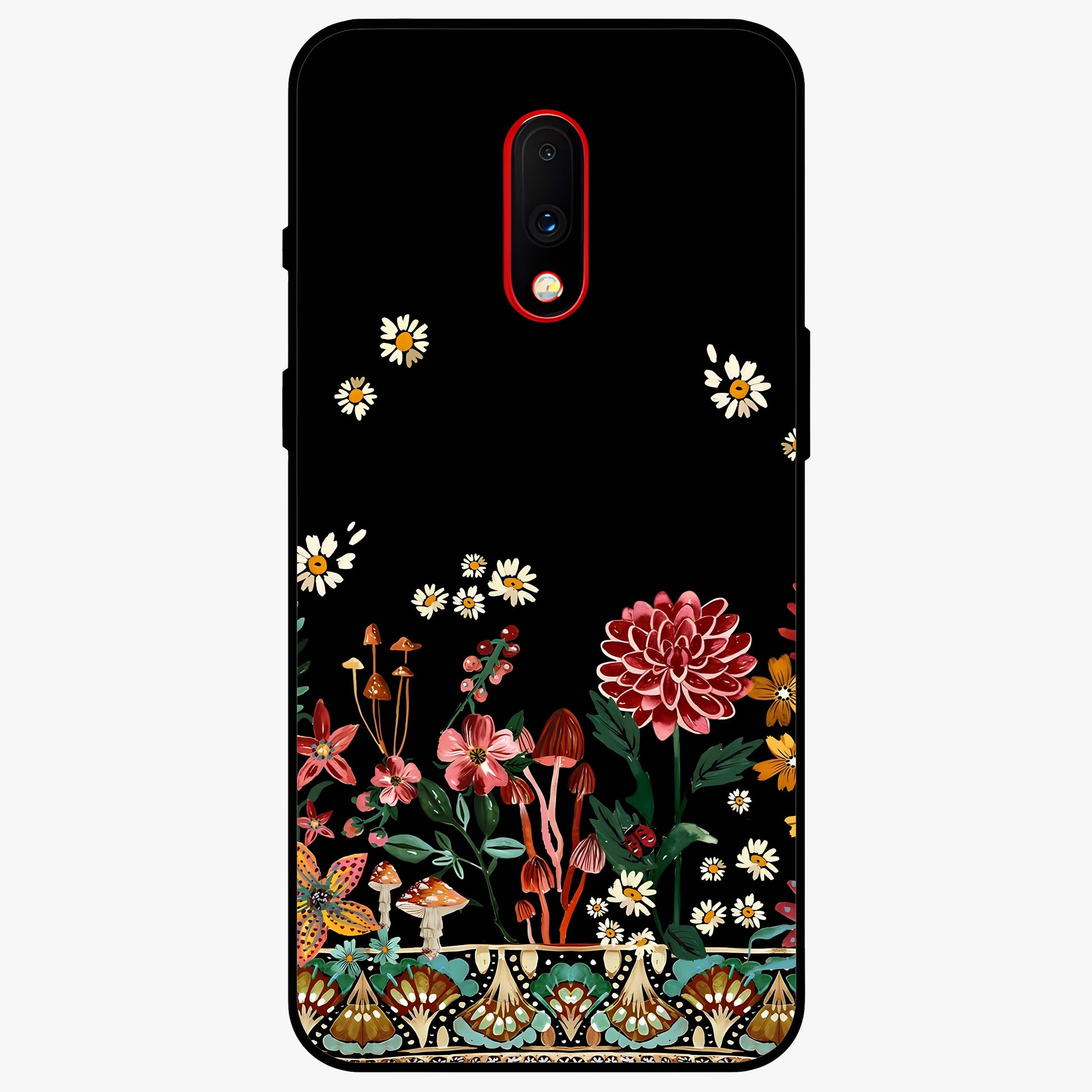 Midnight Bloom Pattern Glass Case showing flat back view with dark floral pattern artwork and glossy glass finish.