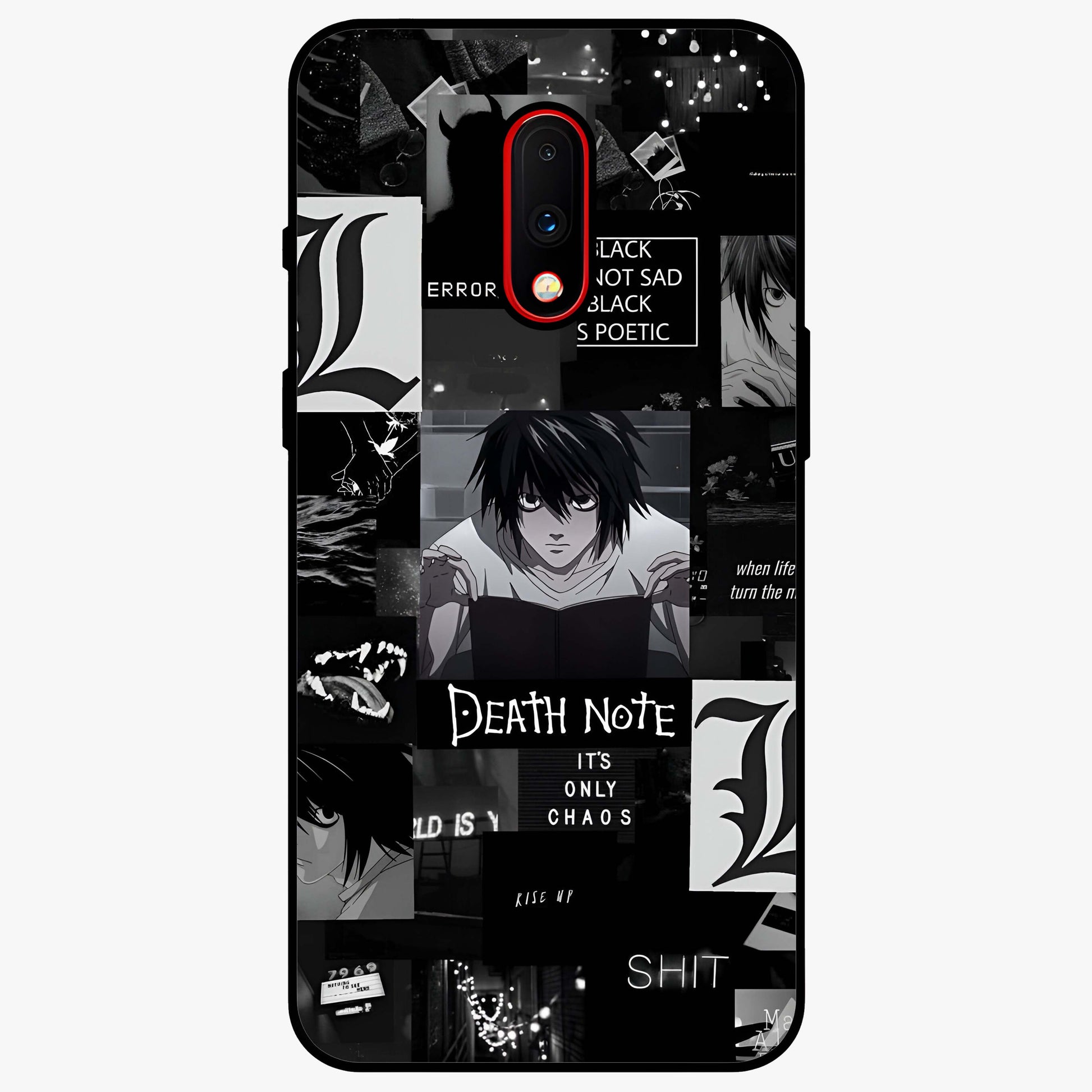 Midnight Chaos Mind Glass Case showing flat back view with abstract dark themed artwork and glossy glass finish.