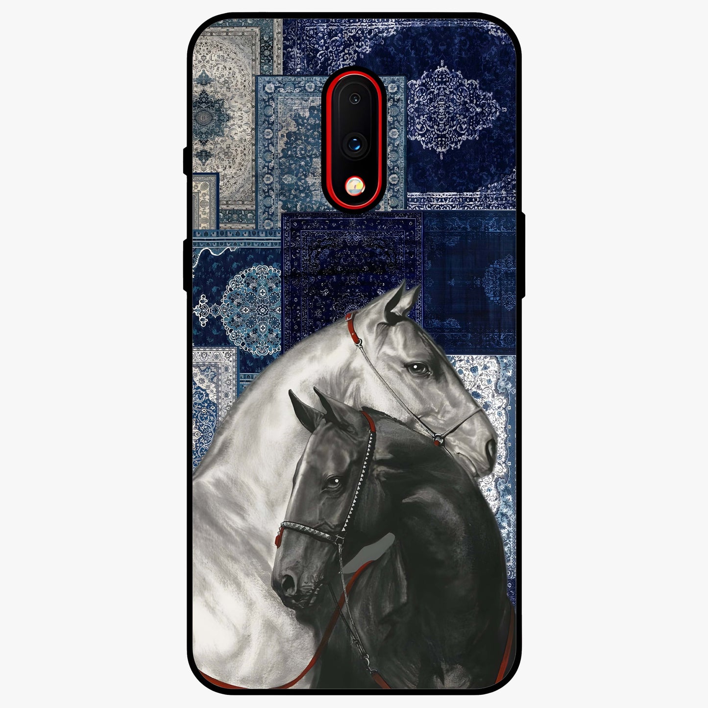 Midnight Stallion Blues Glass Case showing flat back view with majestic horse artwork and glossy glass finish.