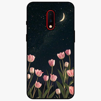 Midnight Tulip Whispers Vibe Glass Case showing flat back view with elegant tulip flower artwork and glossy glass finish.