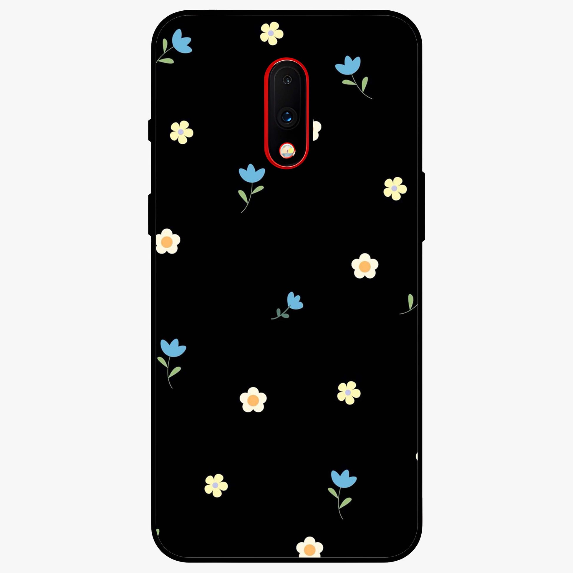 Minimalistic Blue With White Flower Pattern Glass Case showing flat back view with blue background and white flower pattern and glossy glass finish.