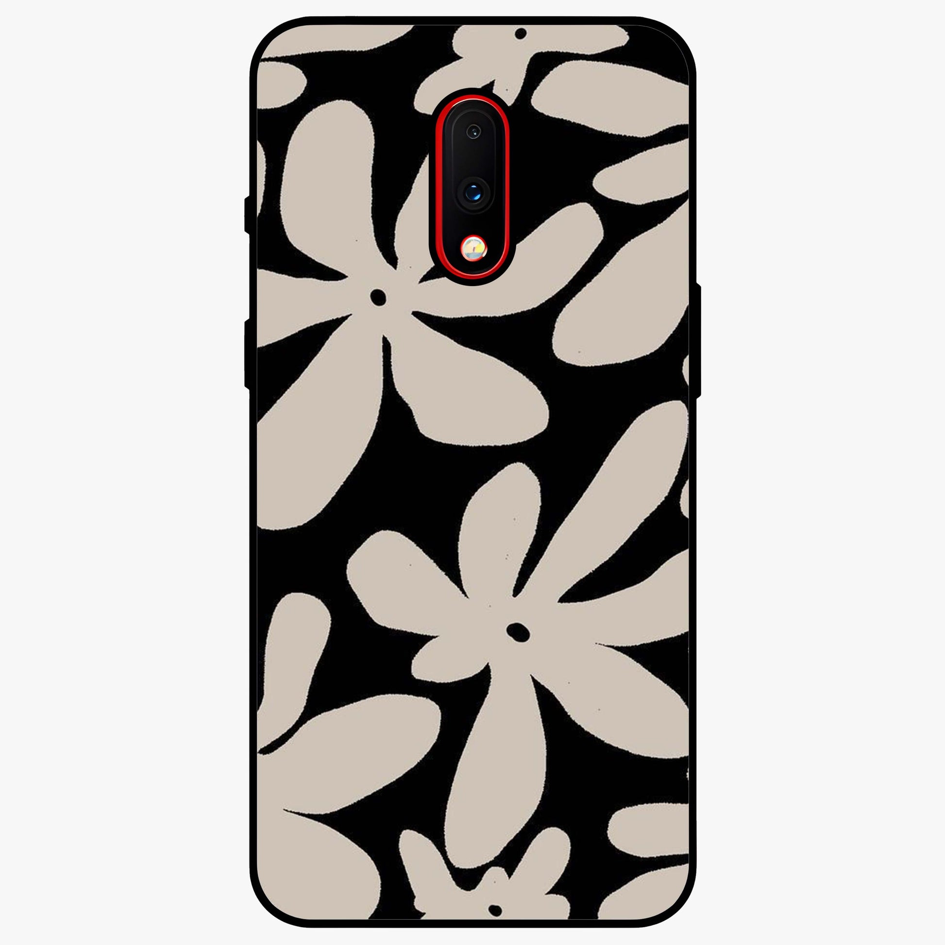 Monochrome Petal Dance Glass Case showing flat back view with monochrome floral artwork and glossy glass finish.