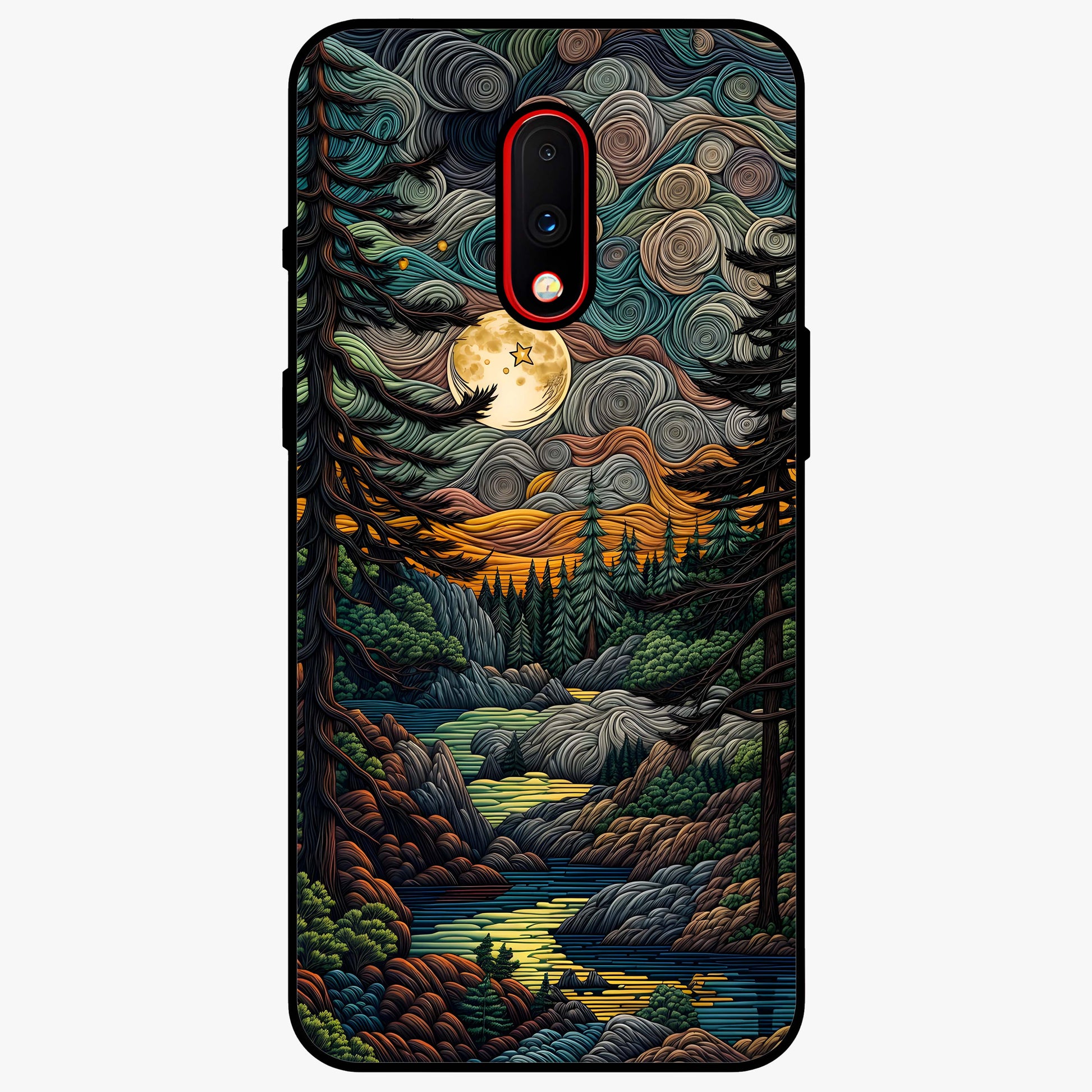 Moonlight Forest Dream Glass Case showing flat back view with mystical forest moonlight artwork and glossy glass finish.