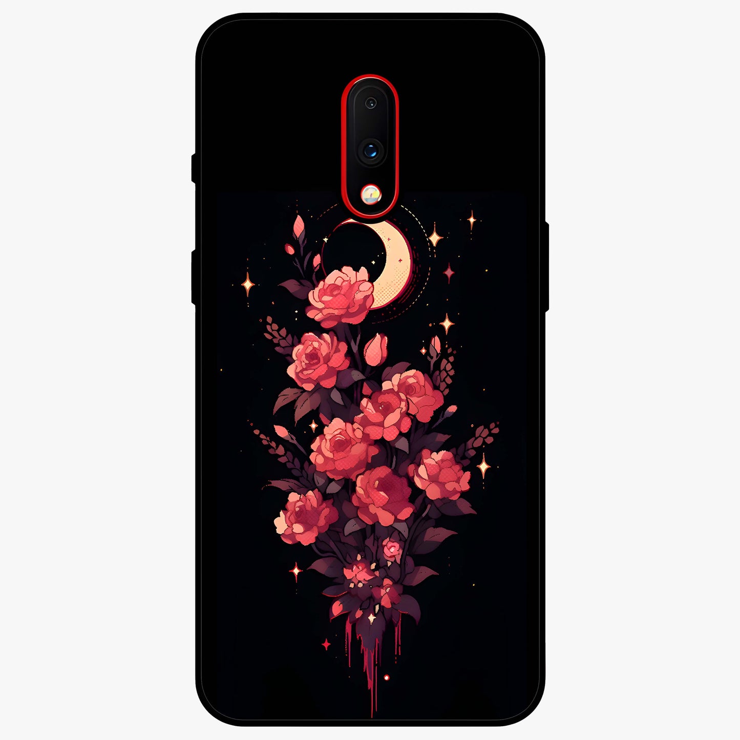 Moonlit Floral Elegance Glass Case showing flat back view with elegant floral artwork under moonlit tones and glossy glass finish.