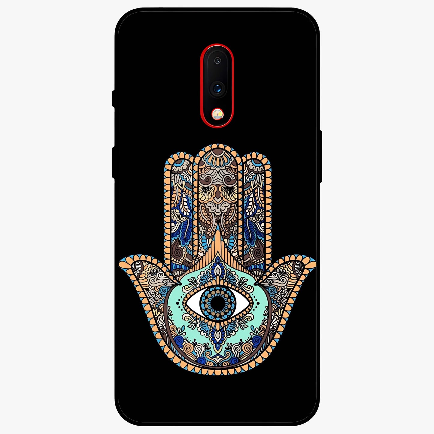 Mystic Hamsa Eye Glass Case showing flat back view with protective hamsa hand and evil eye artwork and glossy glass finish.