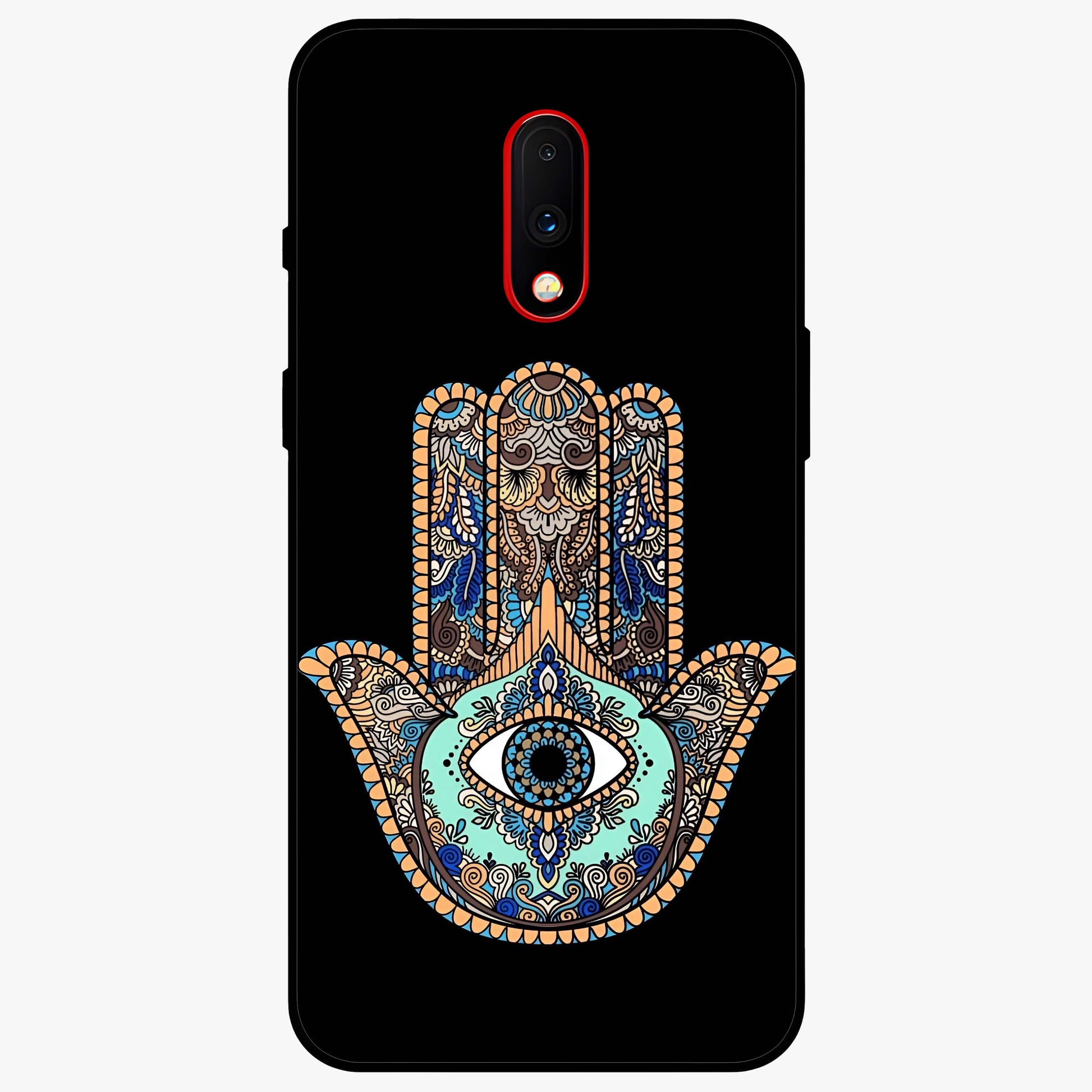 Mystic Hamsa Eye Glass Case showing flat back view with protective hamsa hand and evil eye artwork and glossy glass finish.