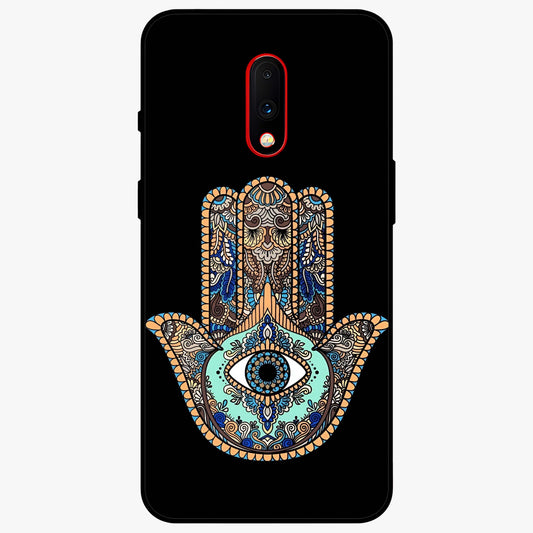 Mystic Hamsa Eye Glass Case showing flat back view with protective hamsa hand and evil eye artwork and glossy glass finish.