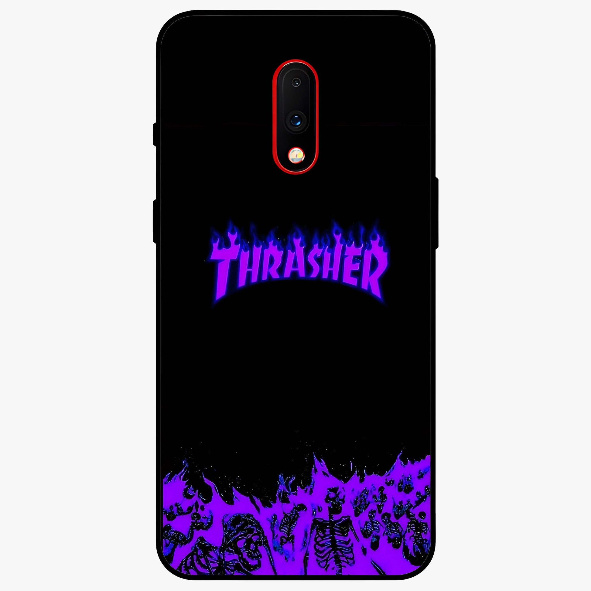 Neon Flame Riot Glass Case showing flat back view with neon flame artwork and glossy glass finish.