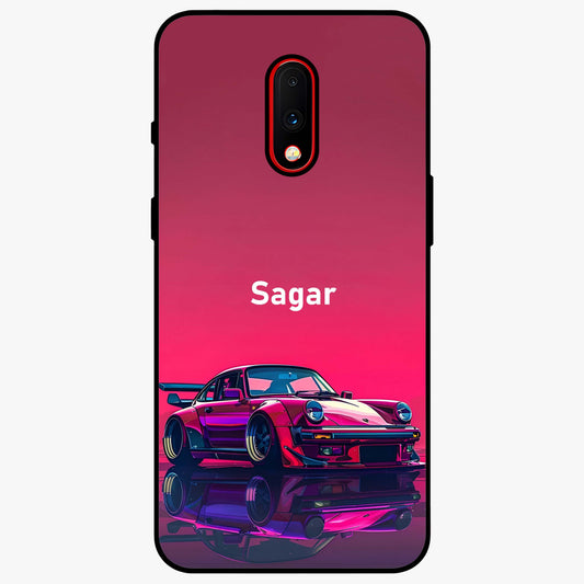 Neon Pink Porsche Glass Case showing flat back view with stylish sports car artwork and glossy glass finish.
