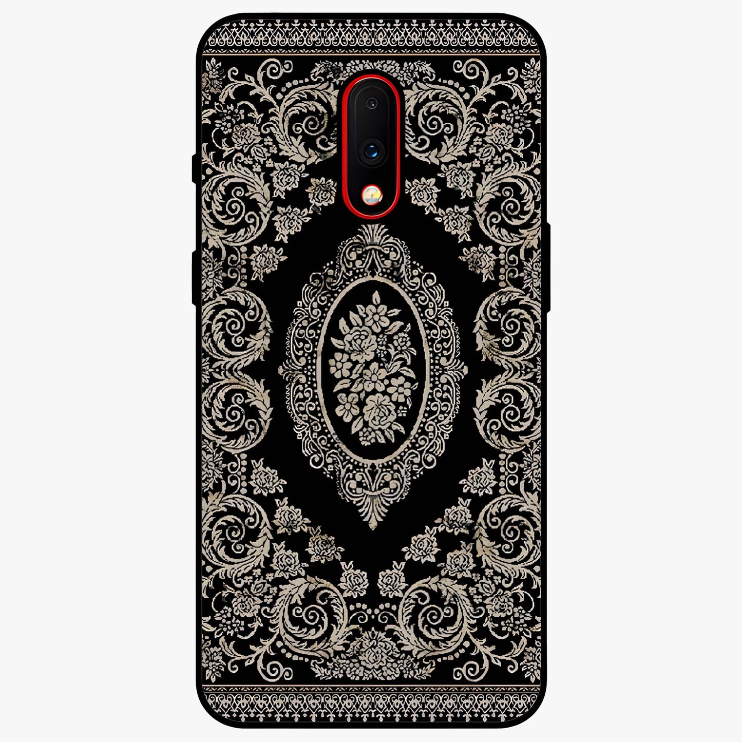 Noir Bloom Elegance Glass Case showing flat back view with elegant dark floral artwork and glossy glass finish.