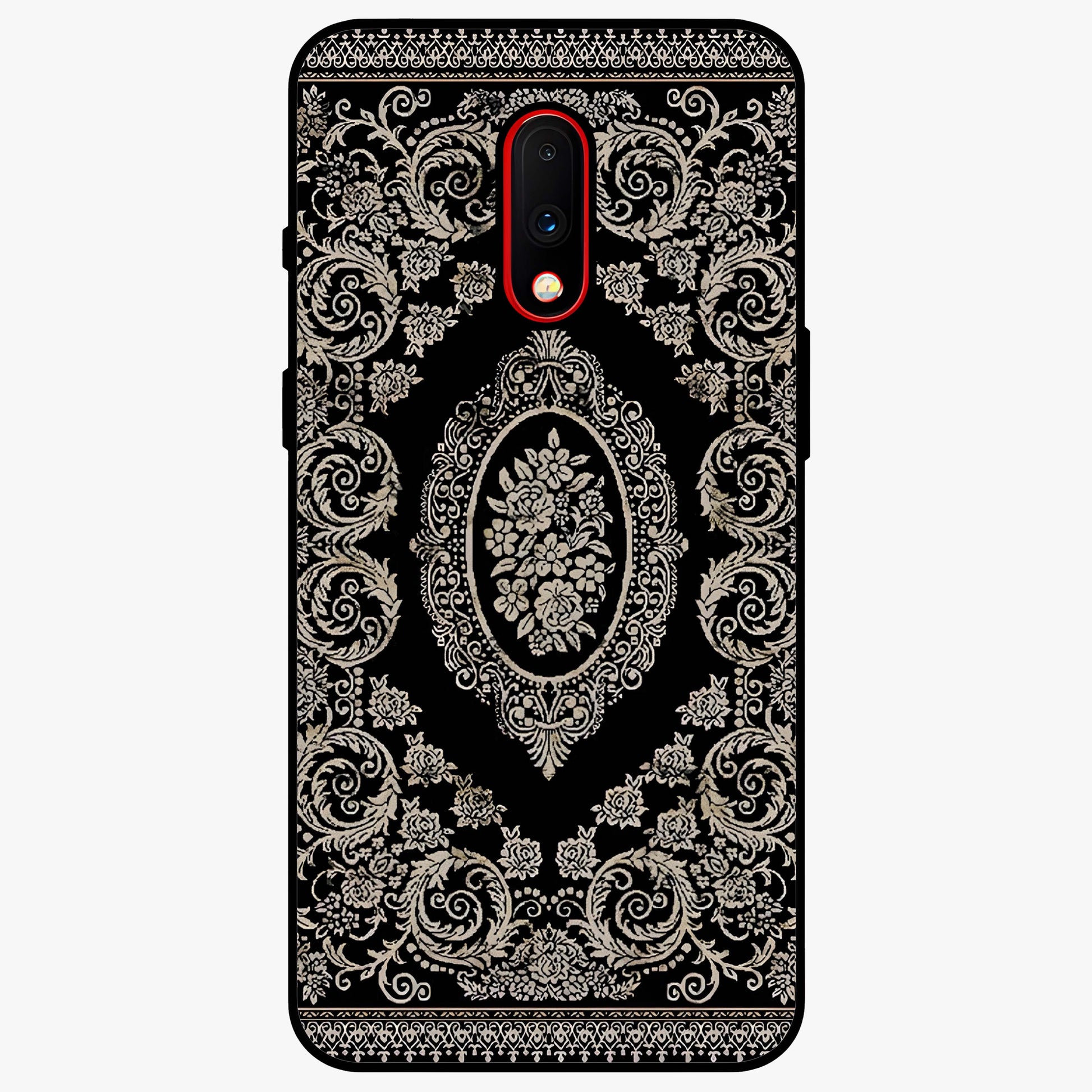 Noir Bloom Elegance Glass Case showing flat back view with elegant dark floral artwork and glossy glass finish.