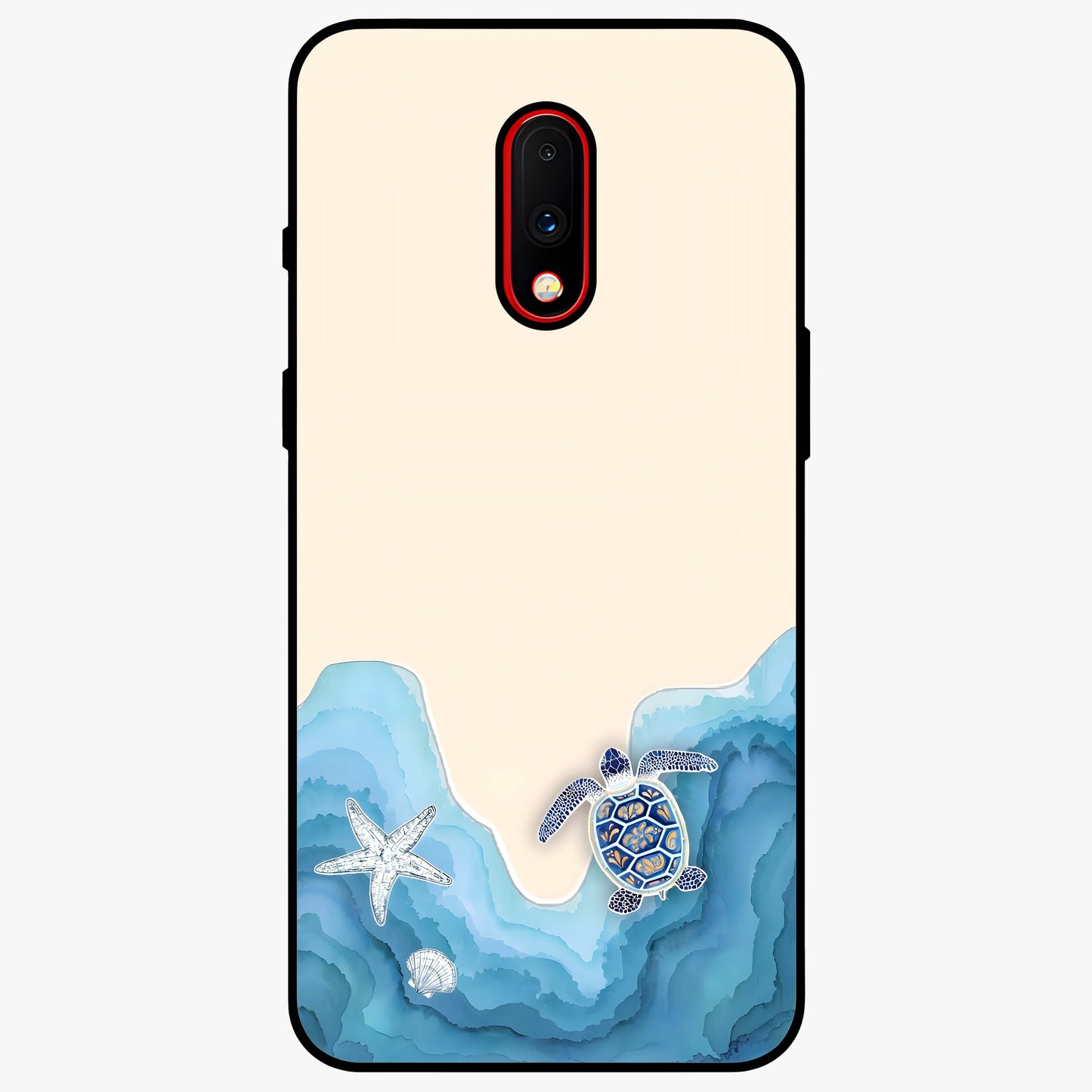 Ocean Drift Turtle Glass Case showing flat back view with sea turtle artwork and glossy glass finish.
