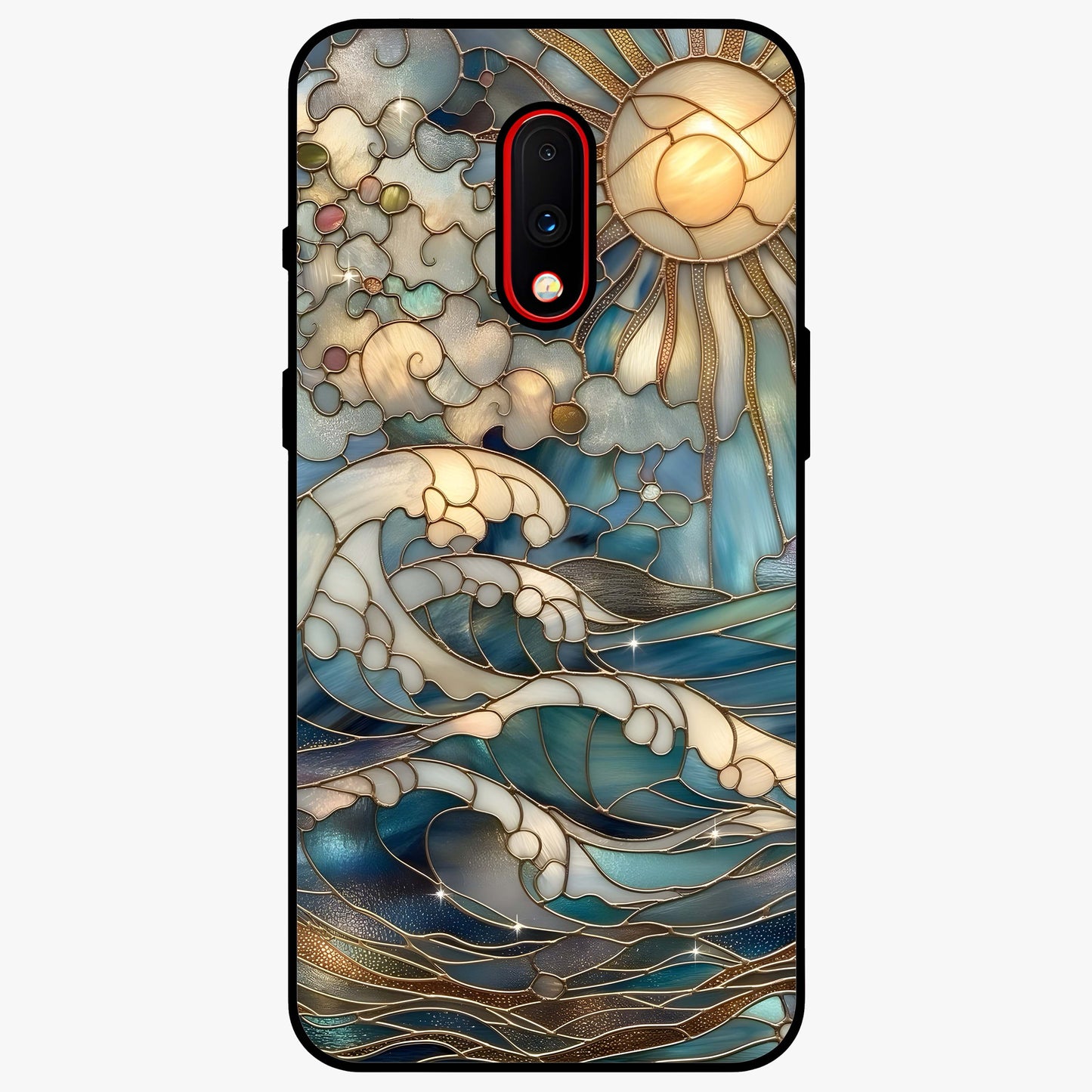 Oceanic Stained Printed Glass Case showing flat back view with ocean inspired stained pattern artwork and glossy glass finish.