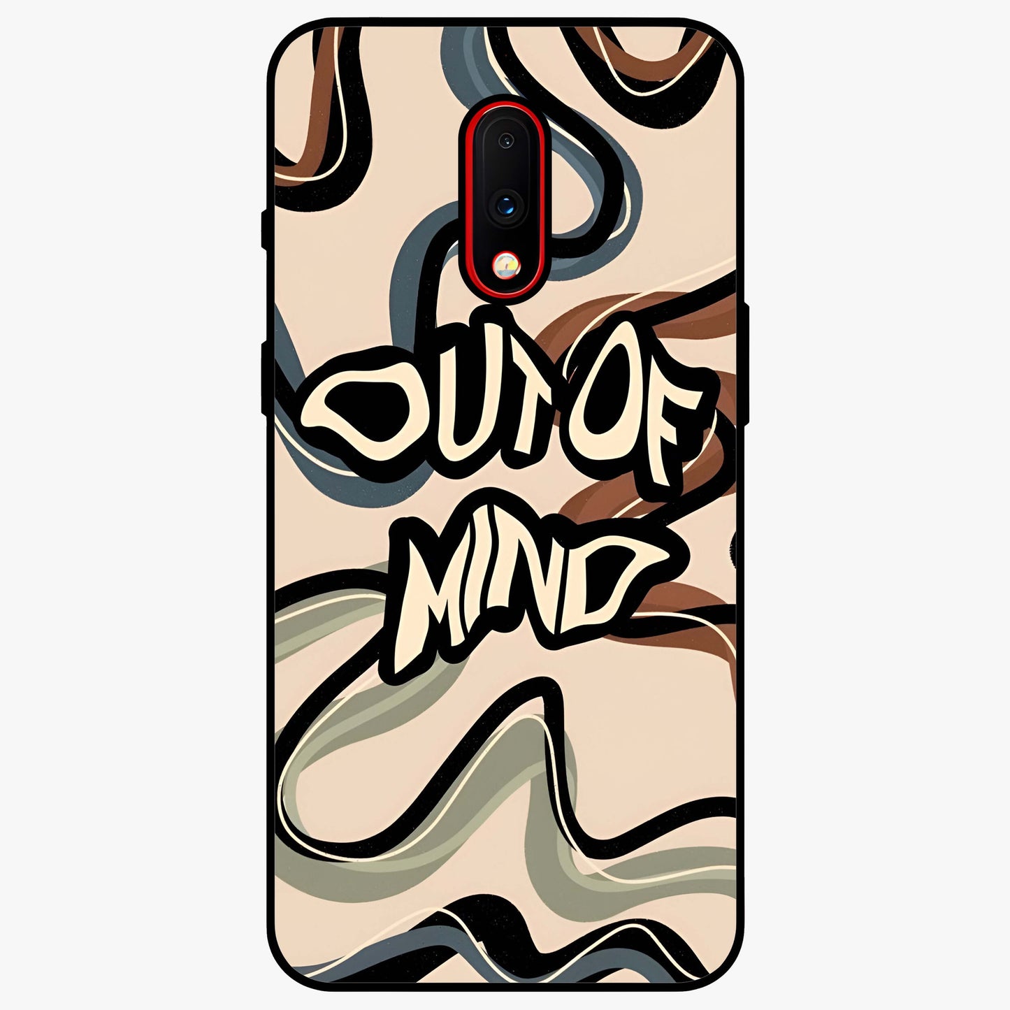 Out Of Mind Glass Case showing flat back view with expressive typography artwork and glossy glass finish.