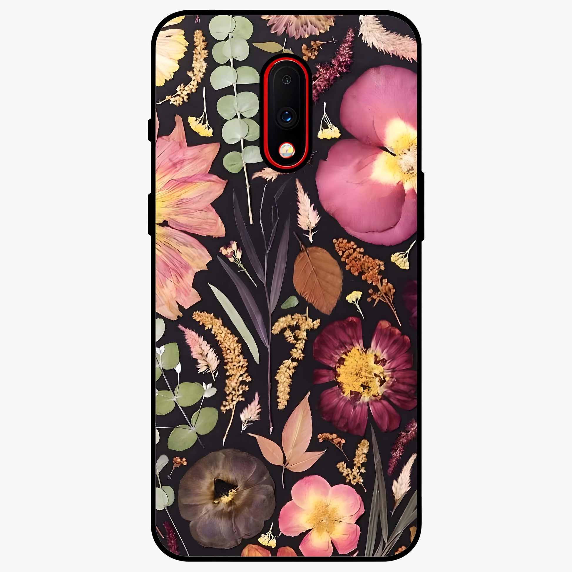 Petal Dream Tapestry Glass Case showing flat back view with intricate floral tapestry artwork and glossy glass finish.