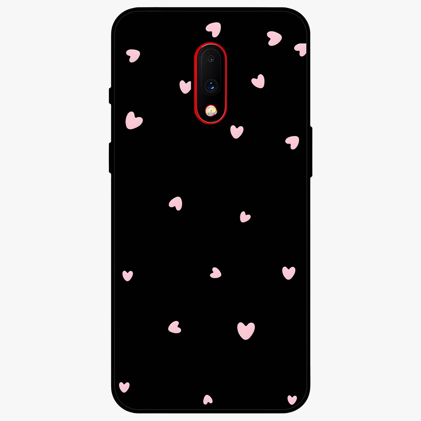 Pink Love Drops Glass Case showing flat back view with playful pink heart drops artwork and glossy glass finish.