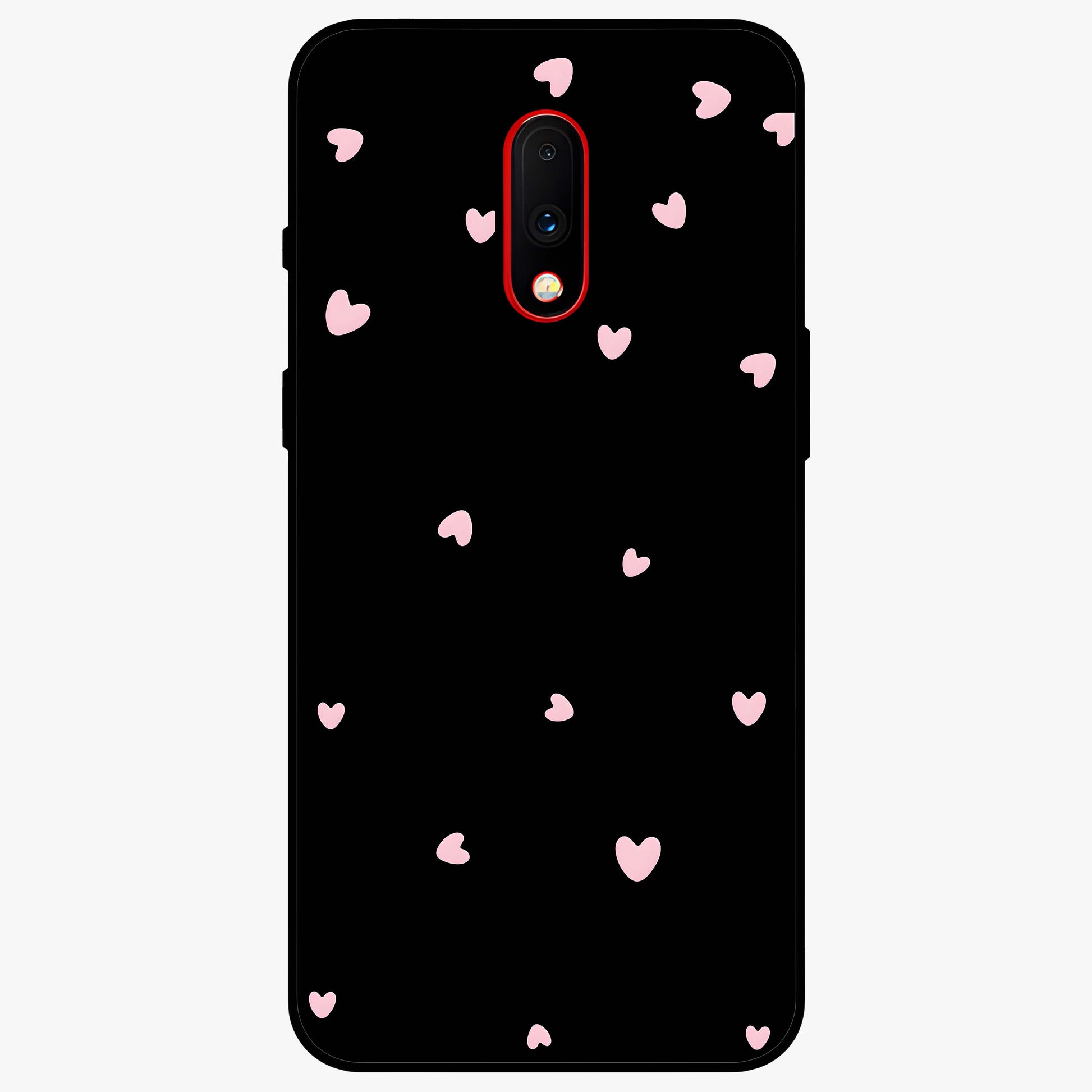 Pink Love Drops Glass Case showing flat back view with playful pink heart drops artwork and glossy glass finish.