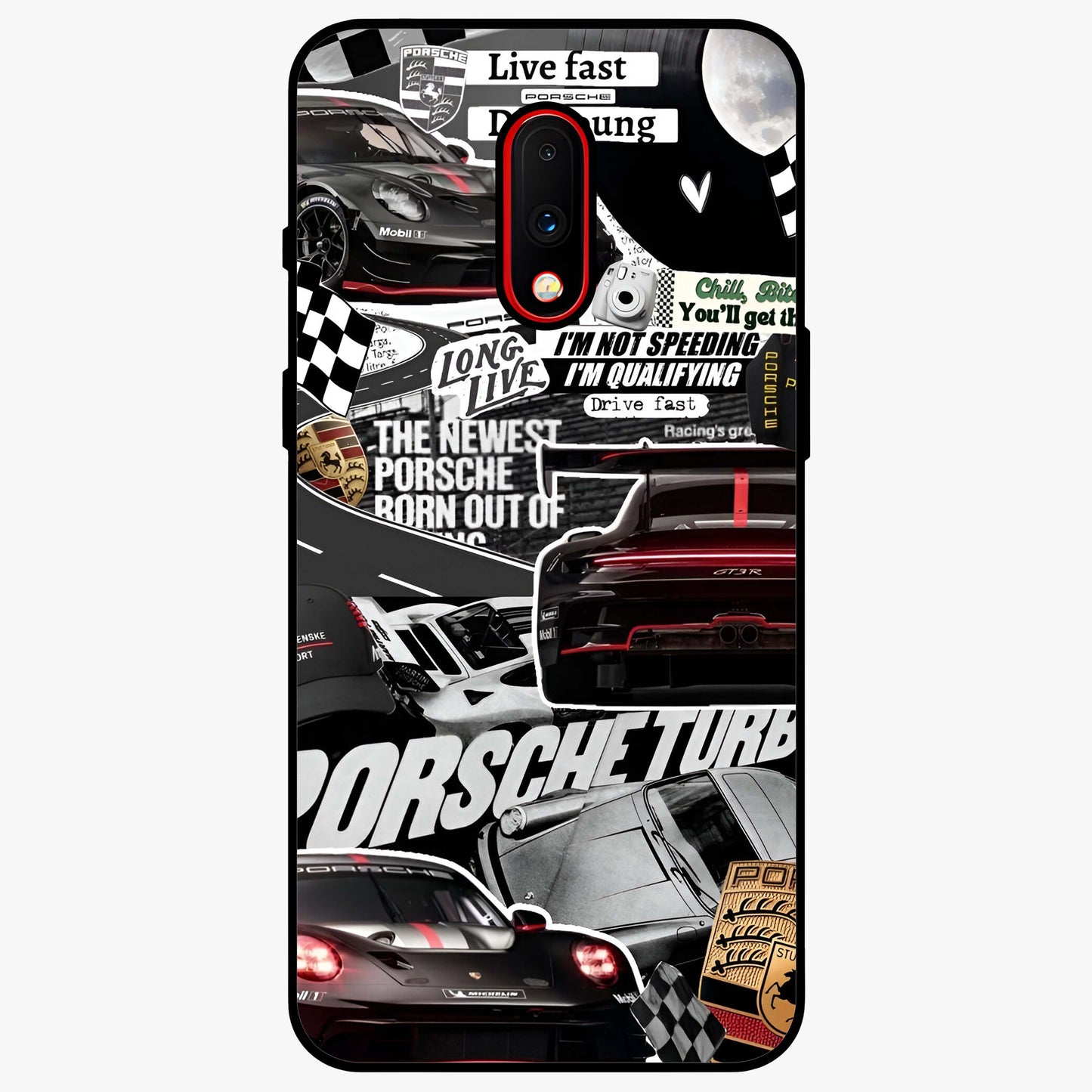 Porsche Racing Collage Glass Case showing flat back view with sports car racing collage artwork and glossy glass finish.