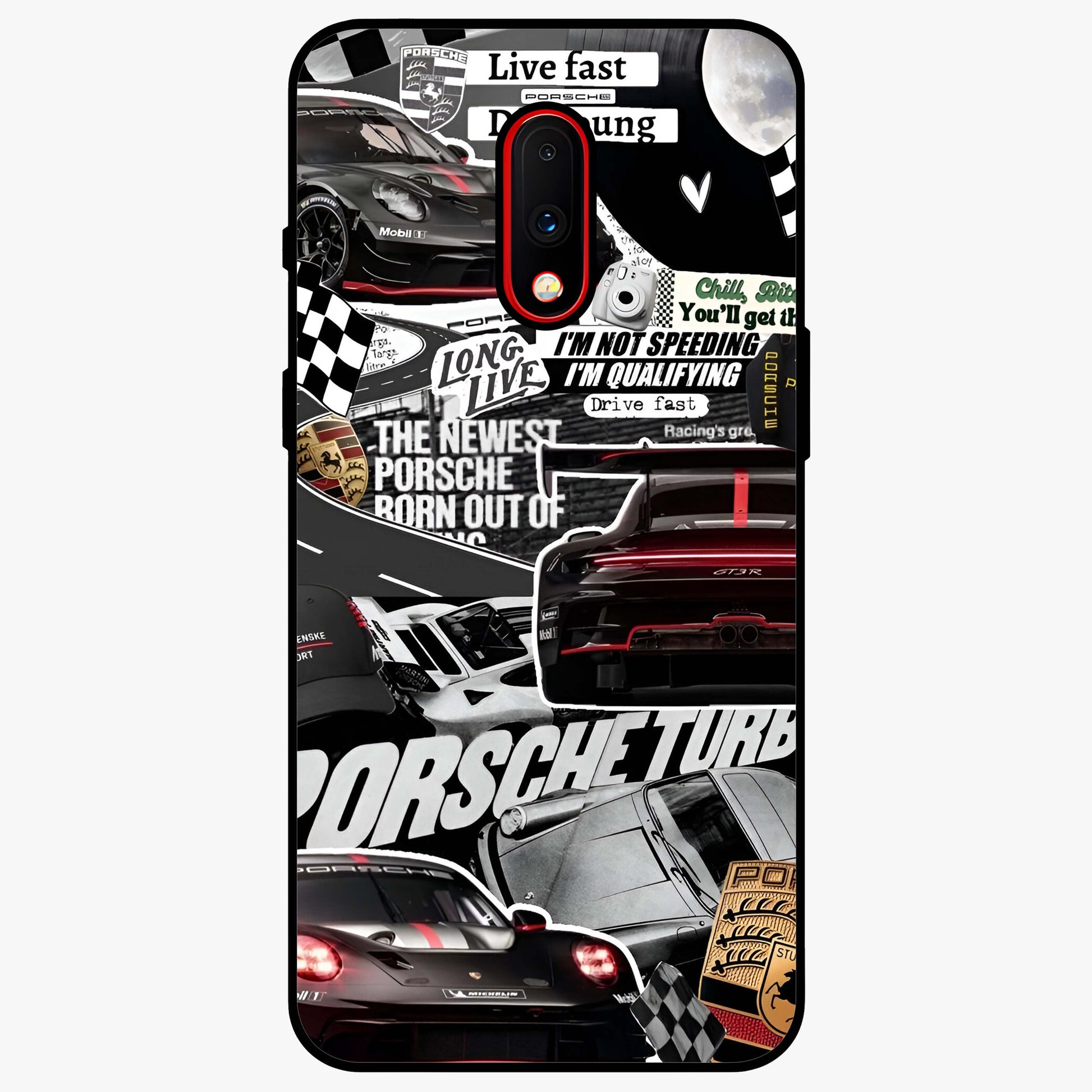 Porsche Racing Collage Glass Case showing flat back view with sports car racing collage artwork and glossy glass finish.