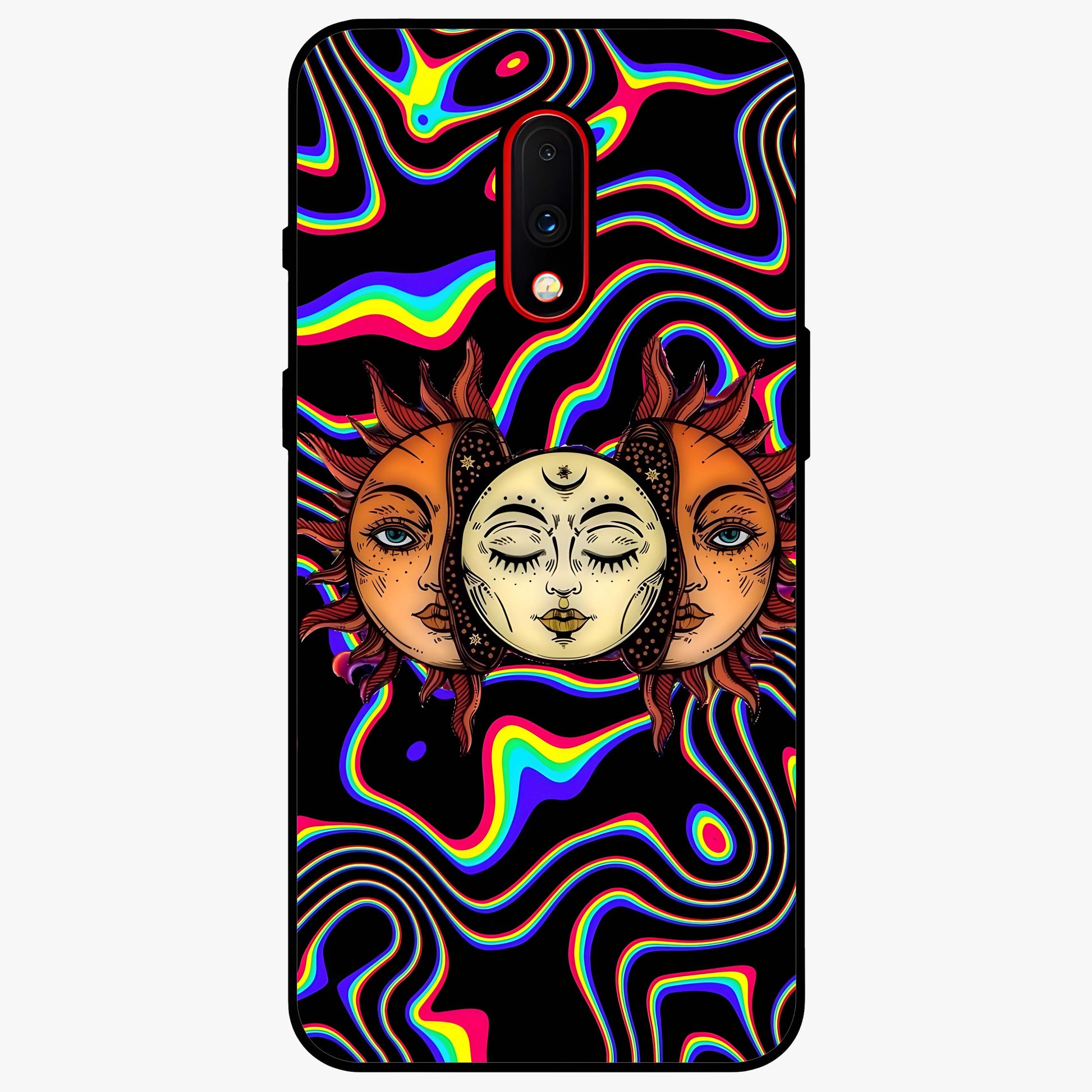 Psychedelic Sun Glass Case showing flat back view with colorful psychedelic sun artwork and glossy glass finish.