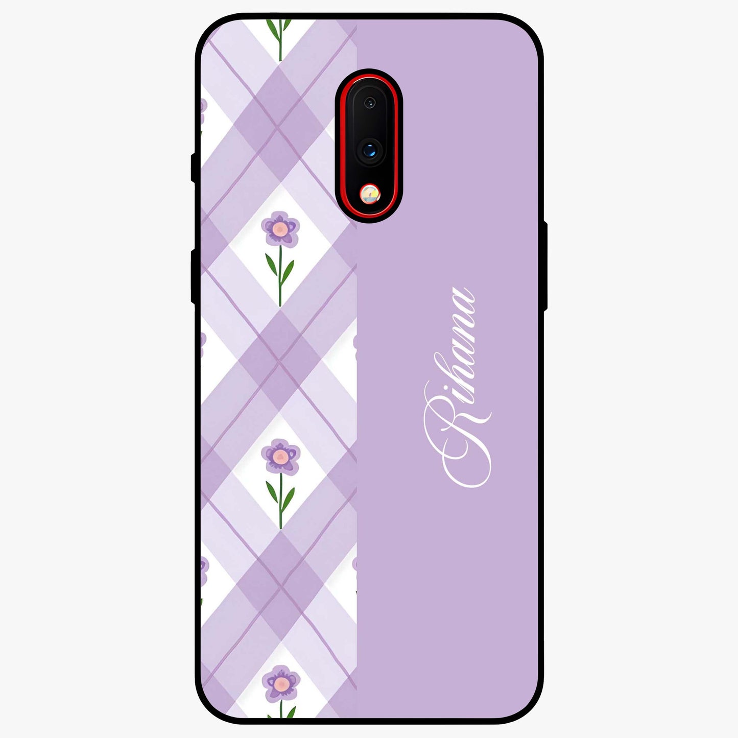 Purple Diamond Floral Glass Case showing flat back view with diamond shaped floral artwork and glossy glass finish.