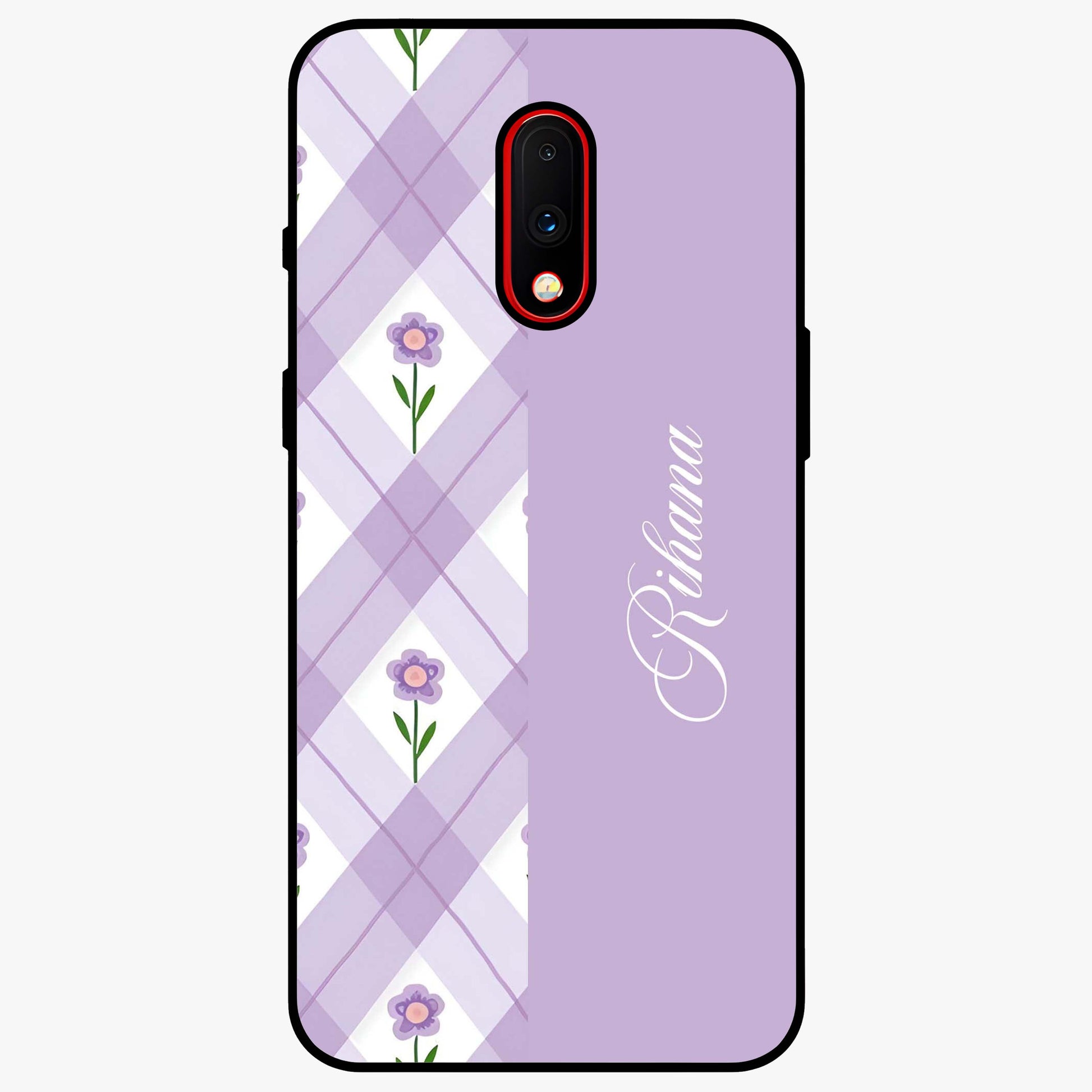 Purple Diamond Floral Glass Case showing flat back view with diamond shaped floral artwork and glossy glass finish.