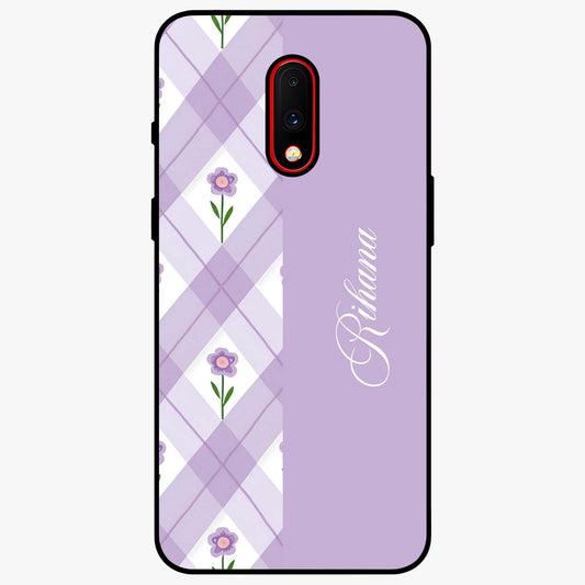Purple Diamond Floral Glass Case showing flat back view with diamond shaped floral artwork and glossy glass finish.