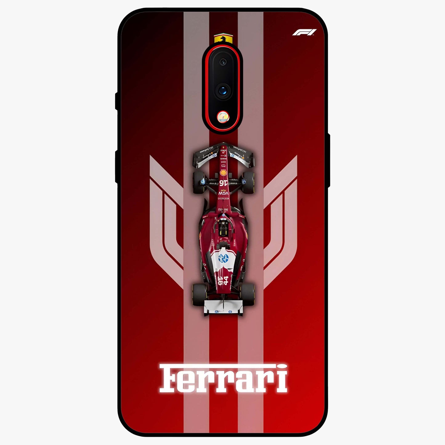 Red Ferrari F1 Vertical Glass Case showing flat back view with sleek Formula racing car artwork and glossy glass finish.