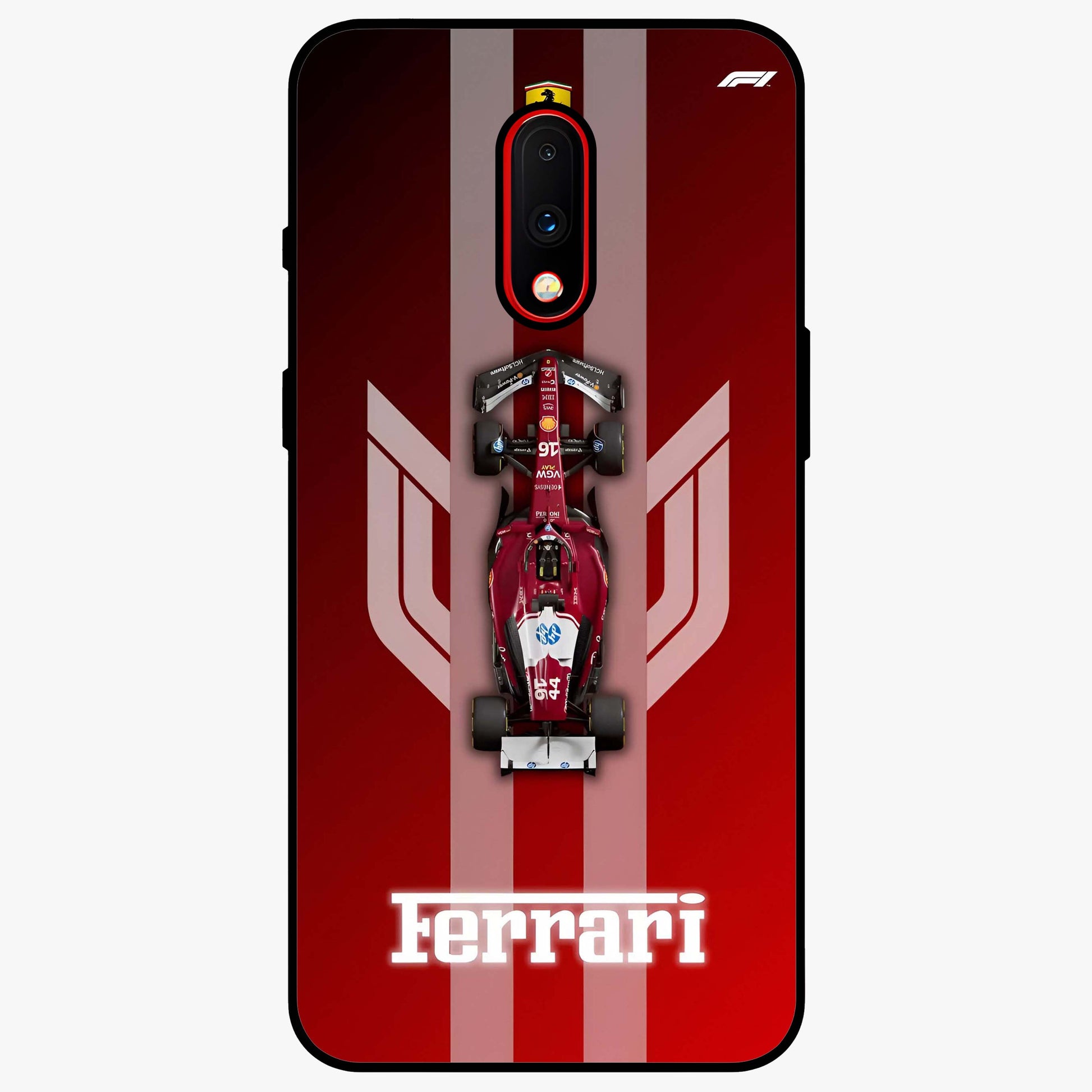 Red Ferrari F1 Vertical Glass Case showing flat back view with sleek Formula racing car artwork and glossy glass finish.