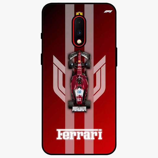 Red Ferrari F1 Vertical Glass Case showing flat back view with sleek Formula racing car artwork and glossy glass finish.
