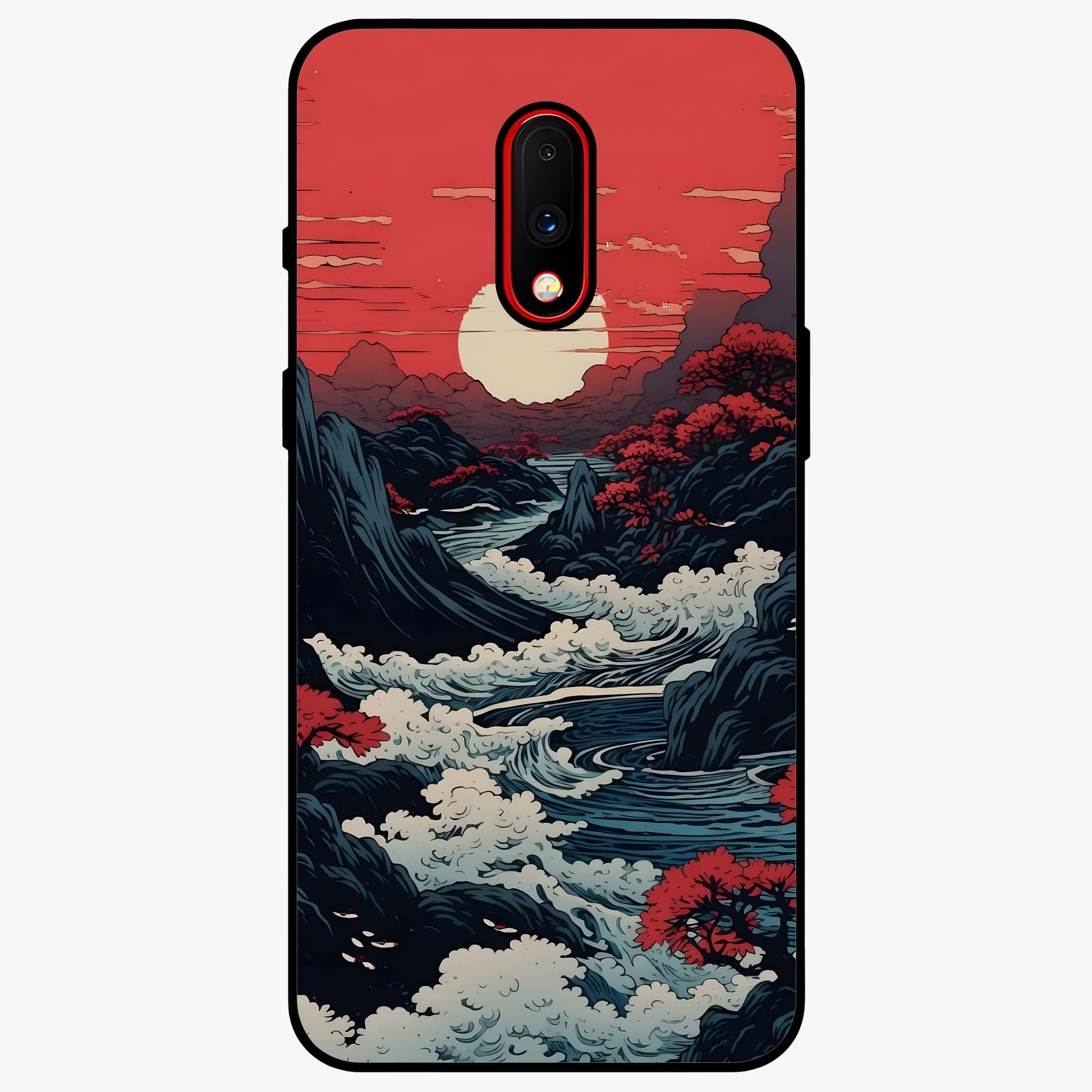 Red Sunset Scenery Glass Case showing flat back view with vibrant sunset landscape artwork and glossy glass finish.