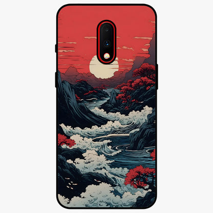 Red Sunset Scenery Glass Case showing flat back view with vibrant sunset landscape artwork and glossy glass finish.