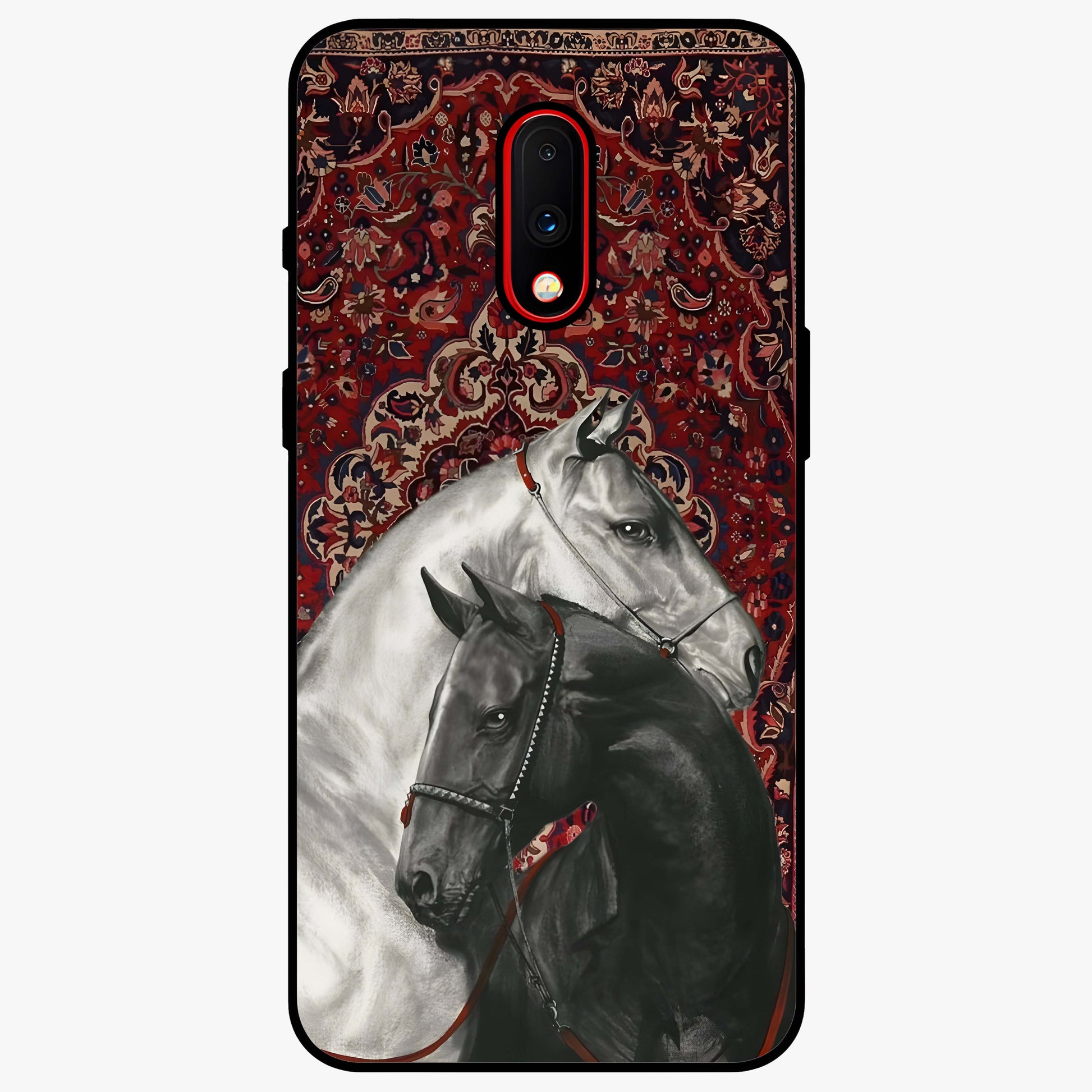 Regal Stallion Tapestry Glass Case showing flat back view with majestic horse tapestry artwork and glossy glass finish.