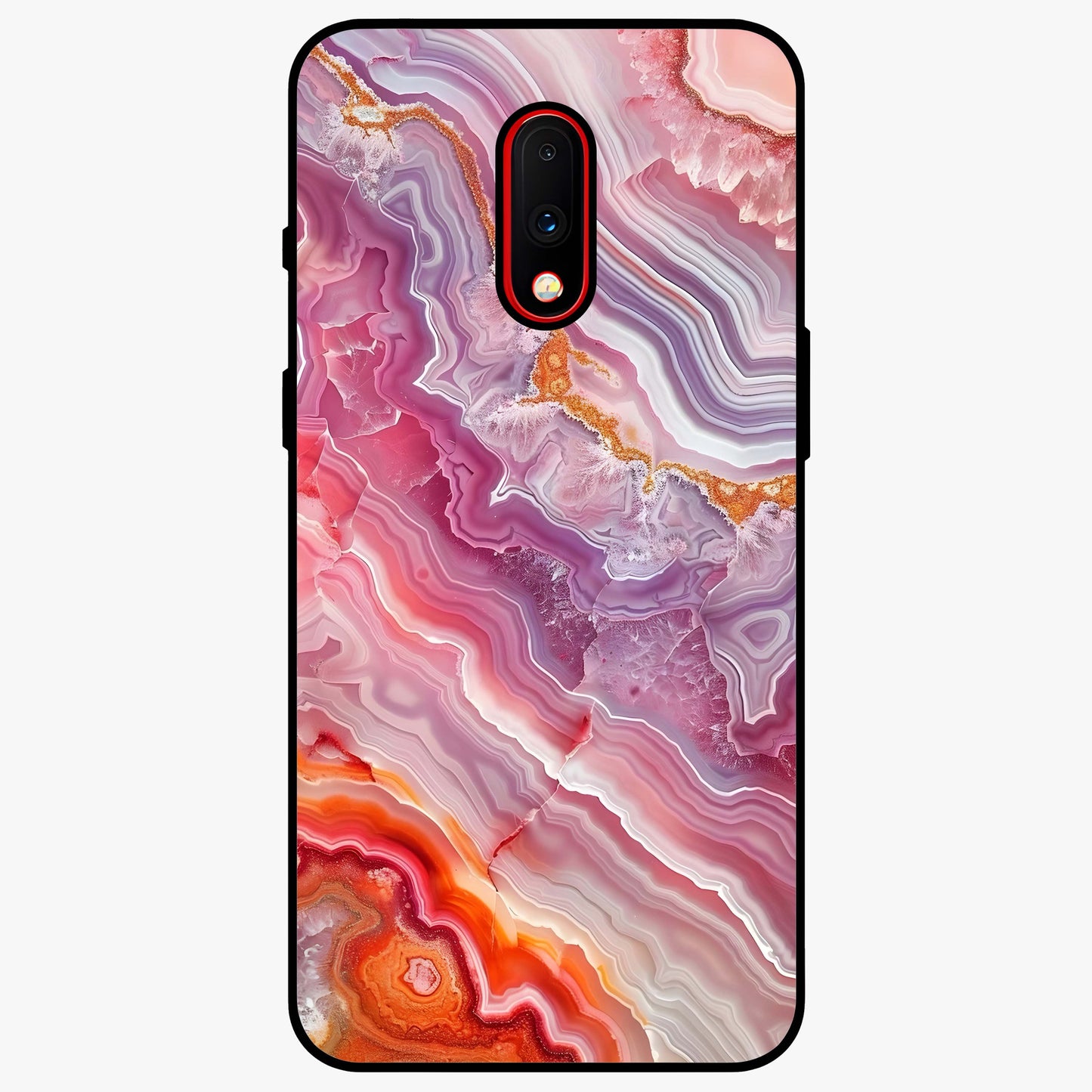 Rose Quartz Marble Glass Case showing flat back view with pink marble quartz texture artwork and glossy glass finish.