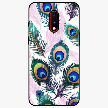 Royal Peacock Feathers Glass Case showing flat back view with colorful peacock feather artwork and glossy glass finish.