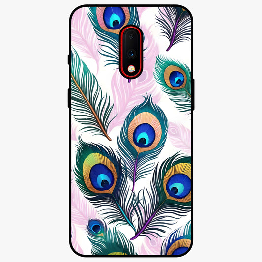 Royal Peacock Feathers Glass Case showing flat back view with colorful peacock feather artwork and glossy glass finish.