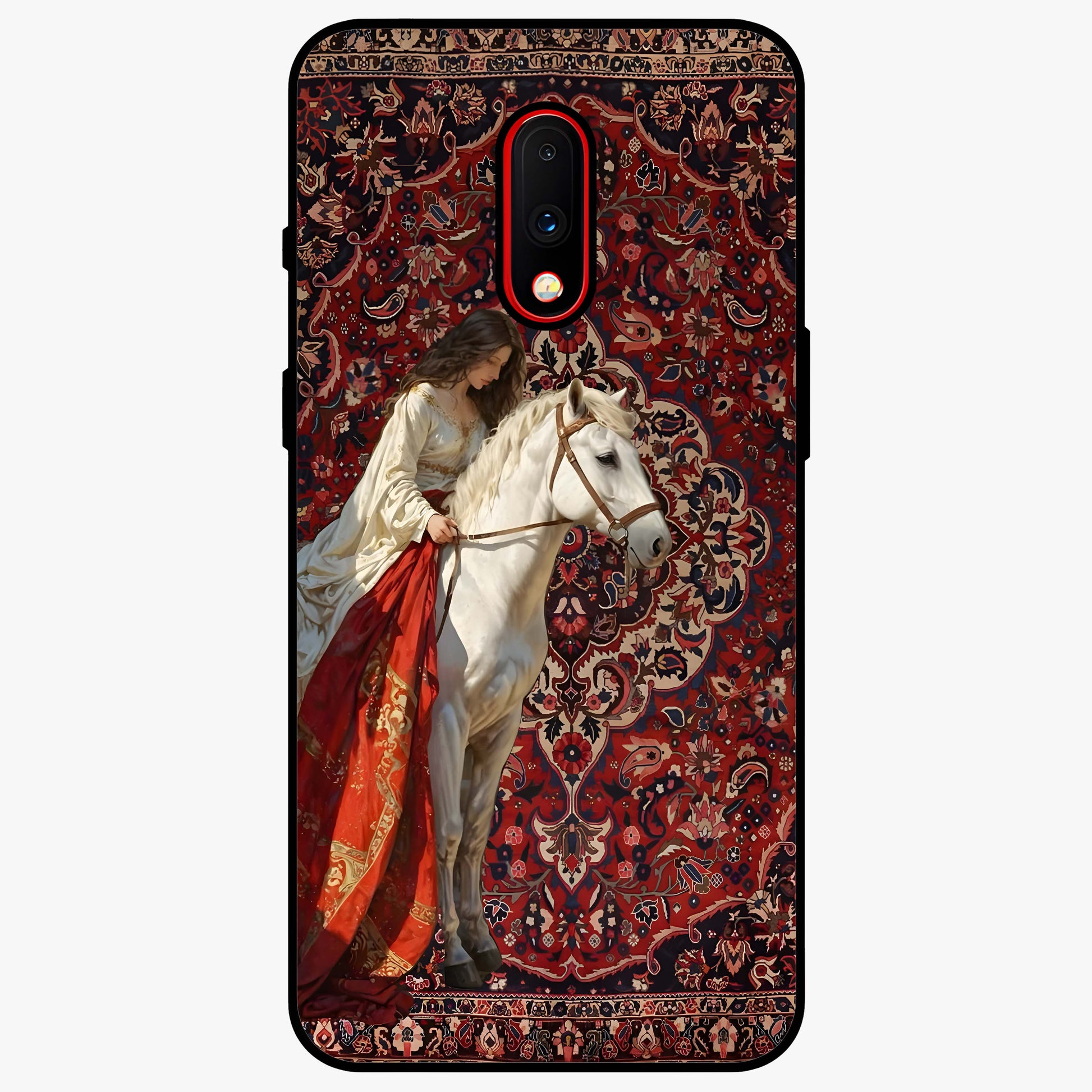 Royal Rider Tapestry Glass Case showing flat back view with majestic horse rider tapestry artwork and glossy glass finish.