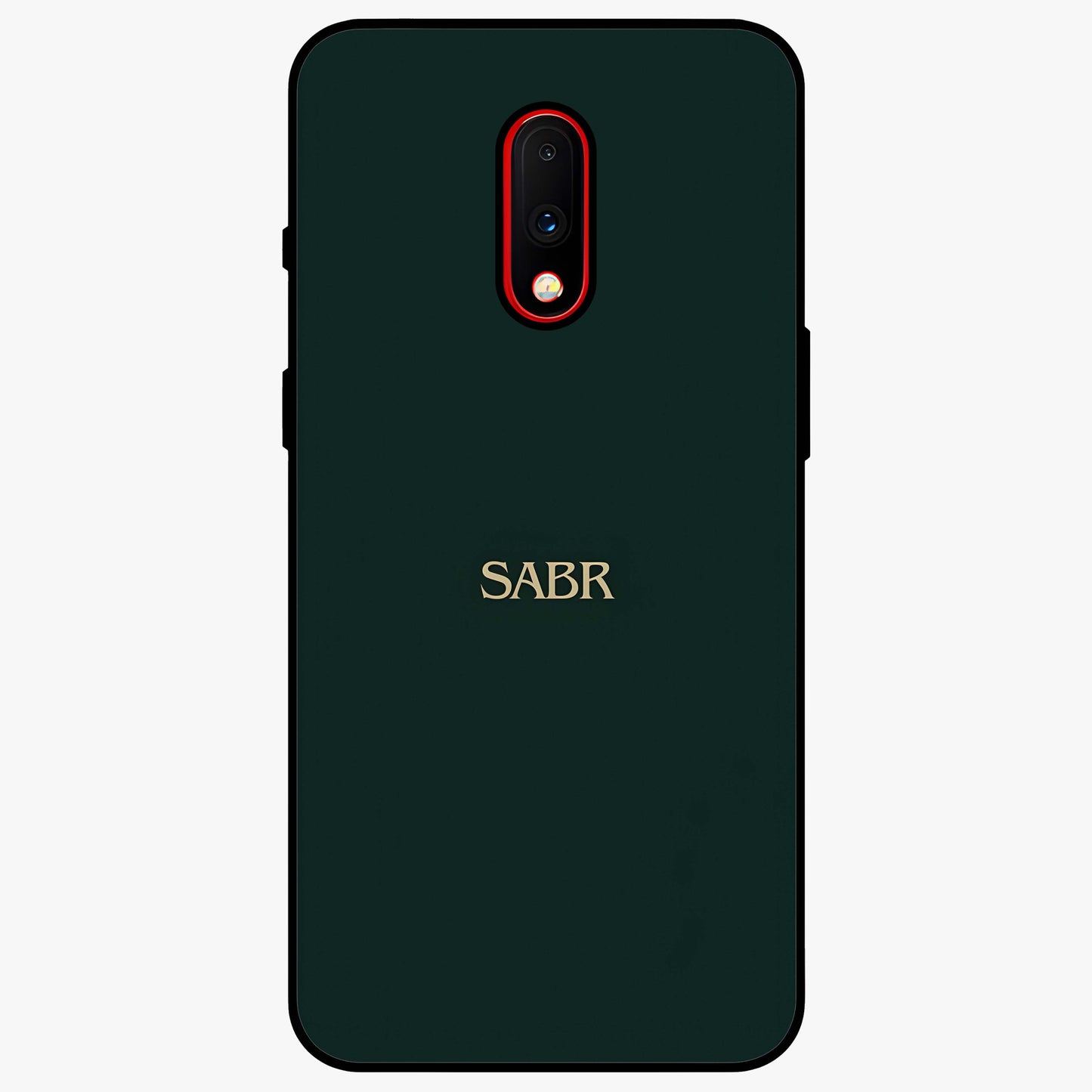 Sabr Minimal Patience Glass Case showing flat back view with minimalist typography artwork and glossy glass finish.